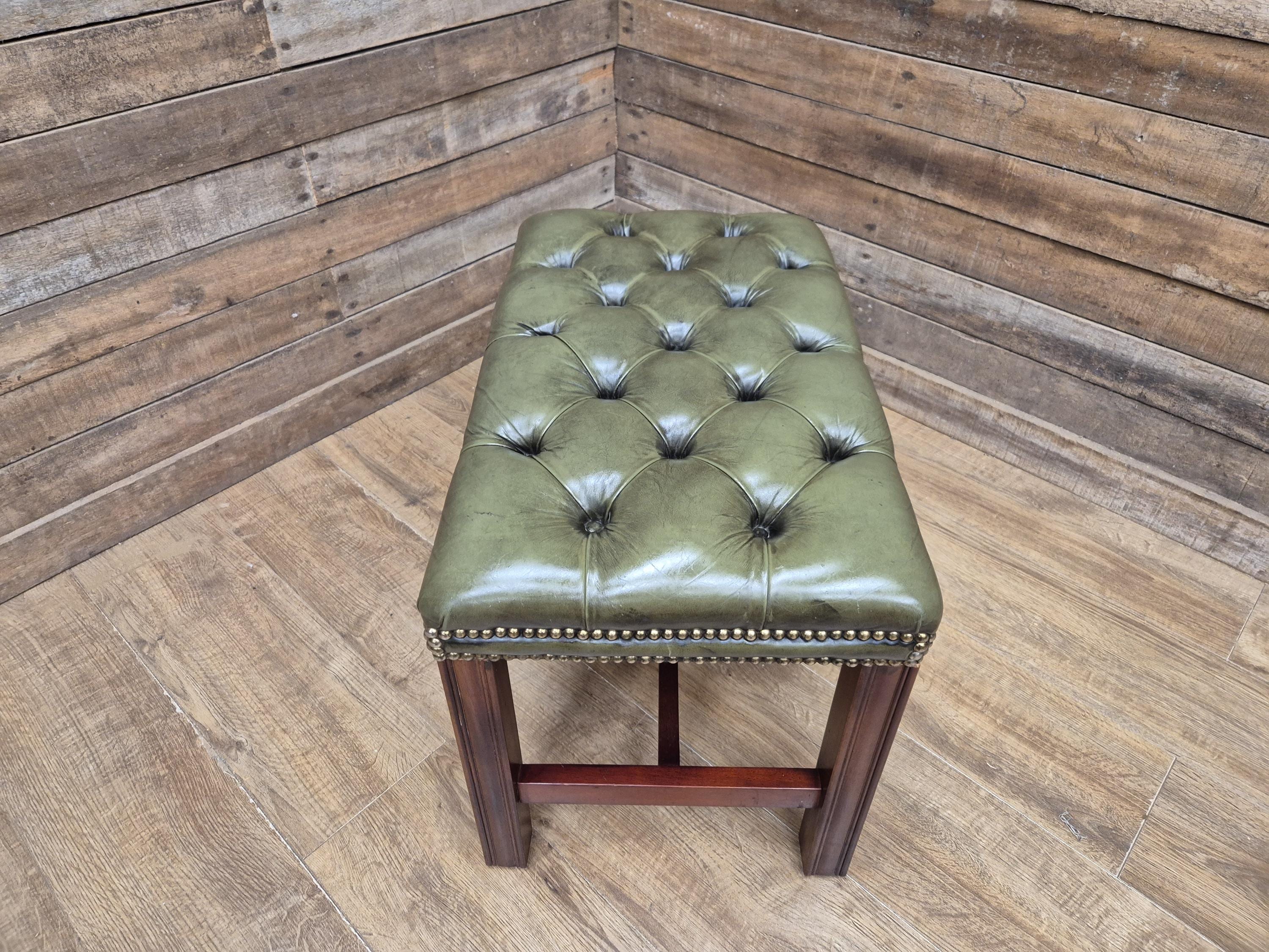 Green Button Tufted Leather Chesterfield Bench Stool with Stud Detail Wood Base