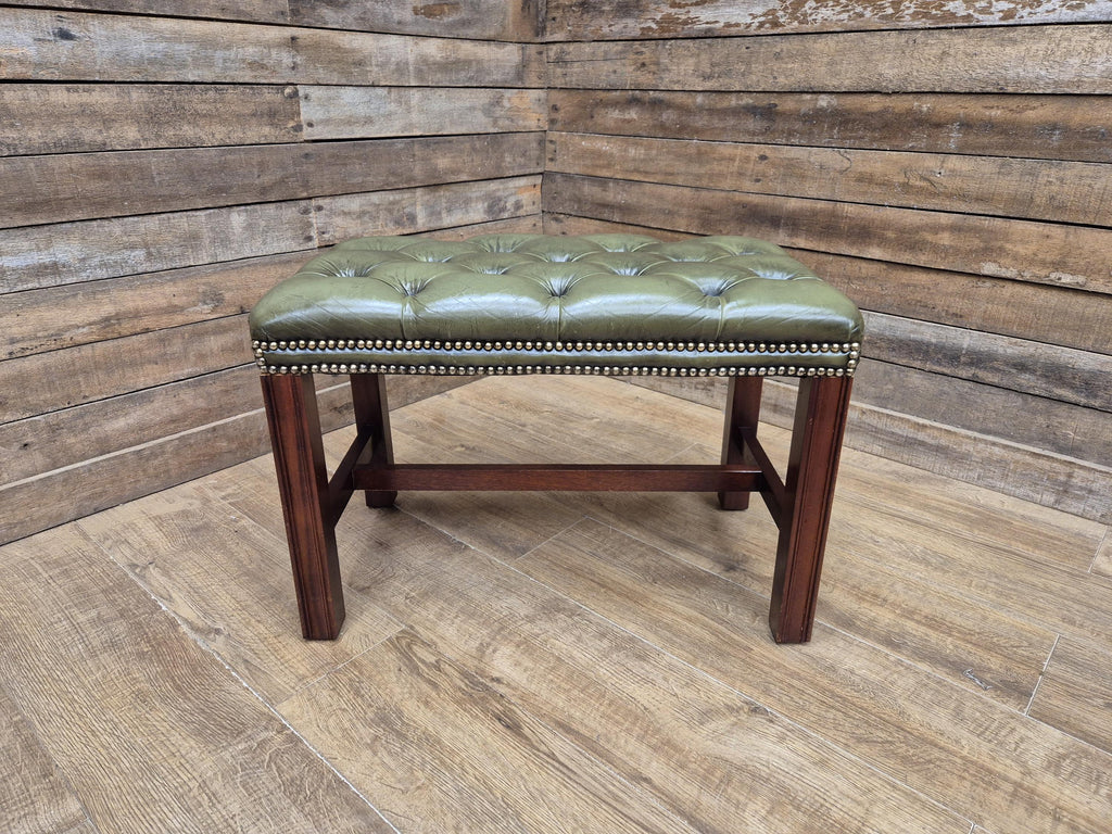 Green Button Tufted Leather Chesterfield Bench Stool with Stud Detail Wood Base