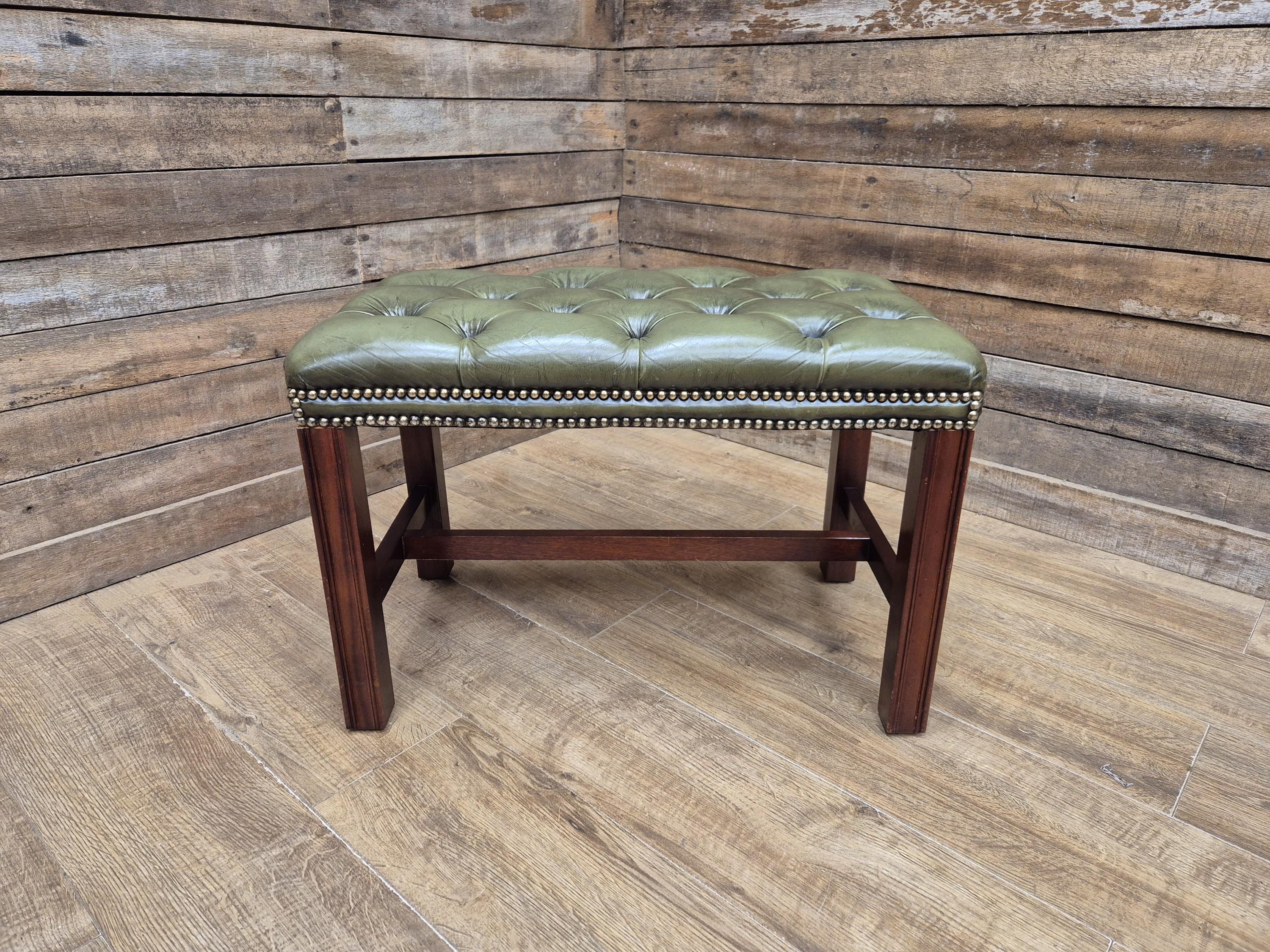 Green Button Tufted Leather Chesterfield Bench Stool with Stud Detail Wood Base