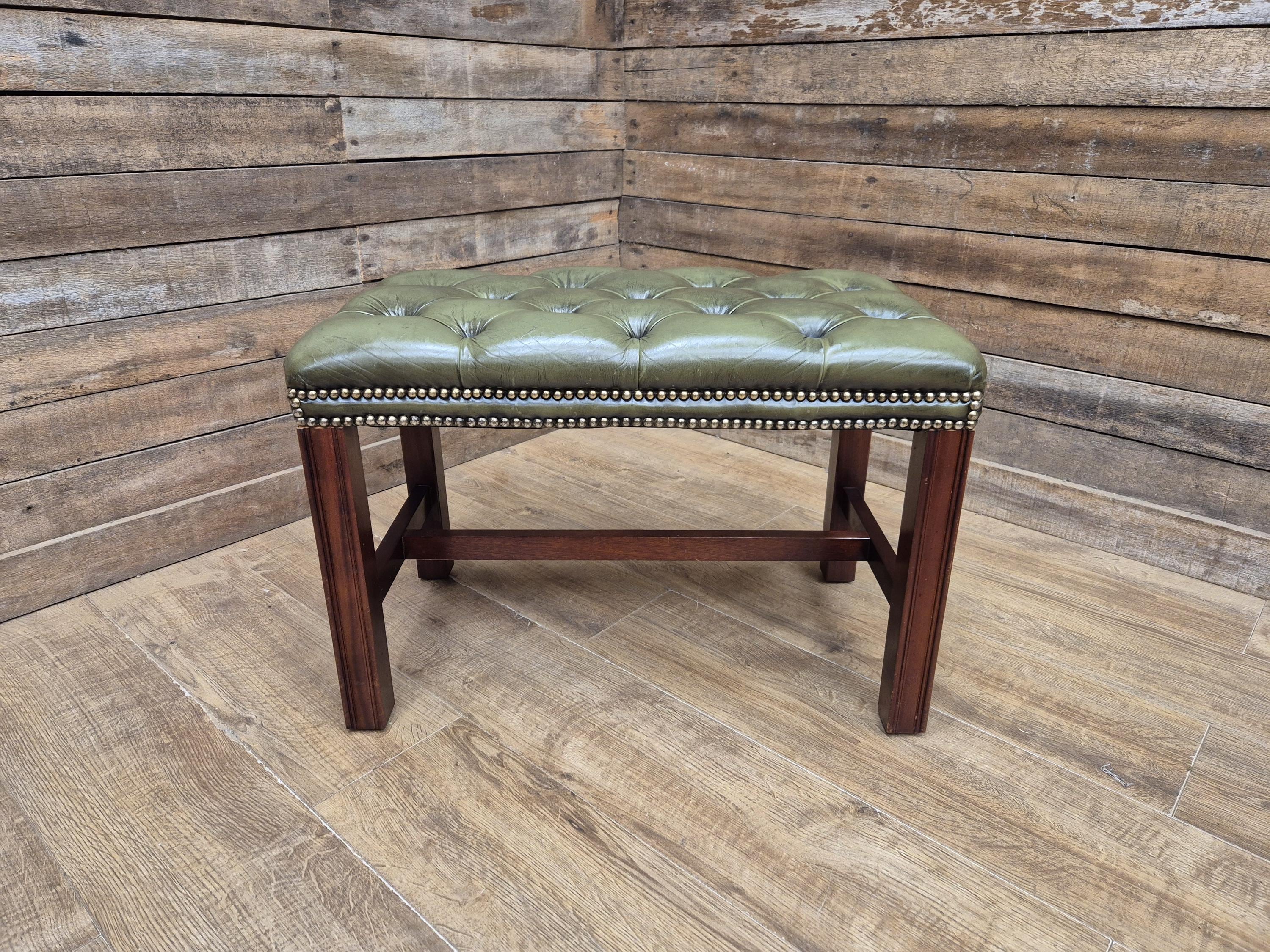 Green Button Tufted Leather Chesterfield Bench Stool with Stud Detail Wood Base