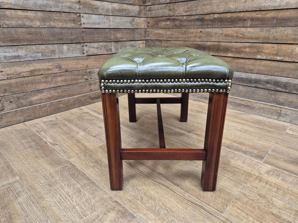 Green Button Tufted Leather Chesterfield Bench Stool with Stud Detail Wood Base
