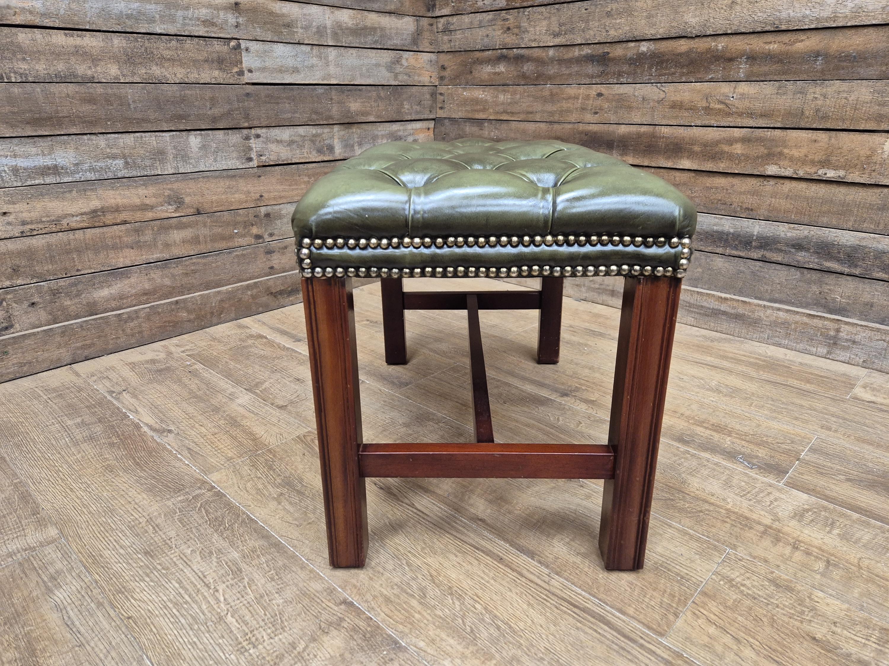 Green Button Tufted Leather Chesterfield Bench Stool with Stud Detail Wood Base
