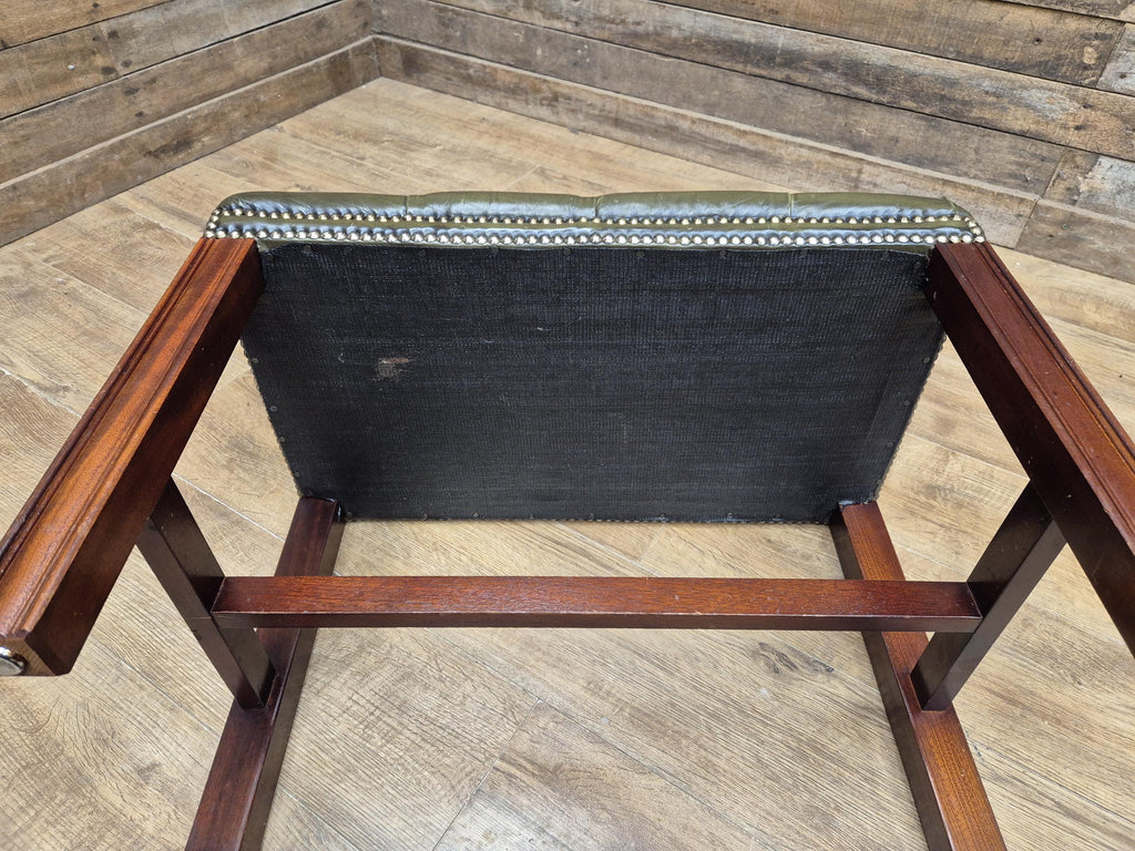 Green Button Tufted Leather Chesterfield Bench Stool with Stud Detail Wood Base