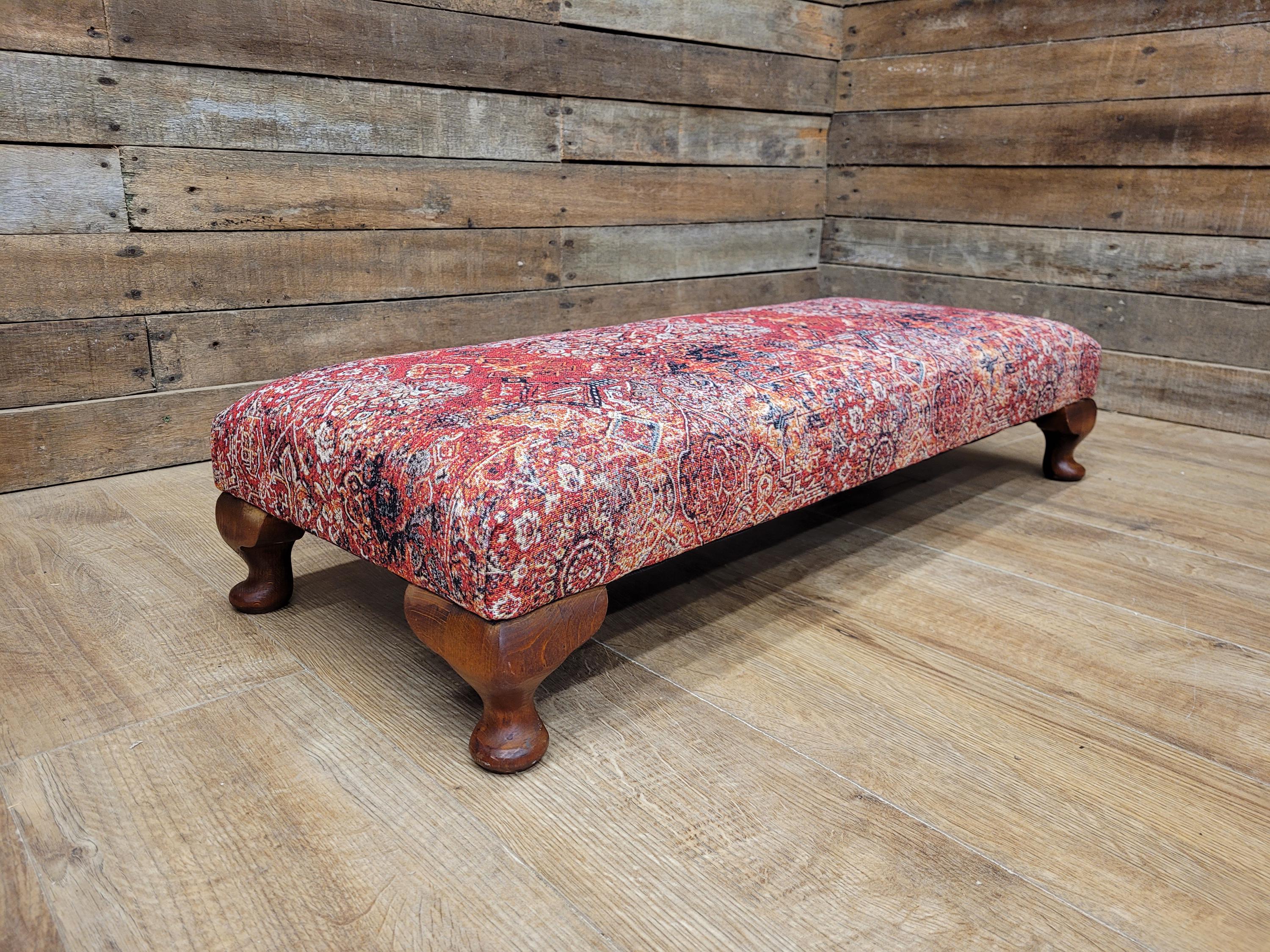 Upholstered Footstool Bench Red Moroccan Style Fabric Wooden Feet
