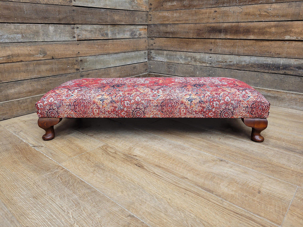 Upholstered Footstool Bench Red Moroccan Style Fabric Wooden Feet
