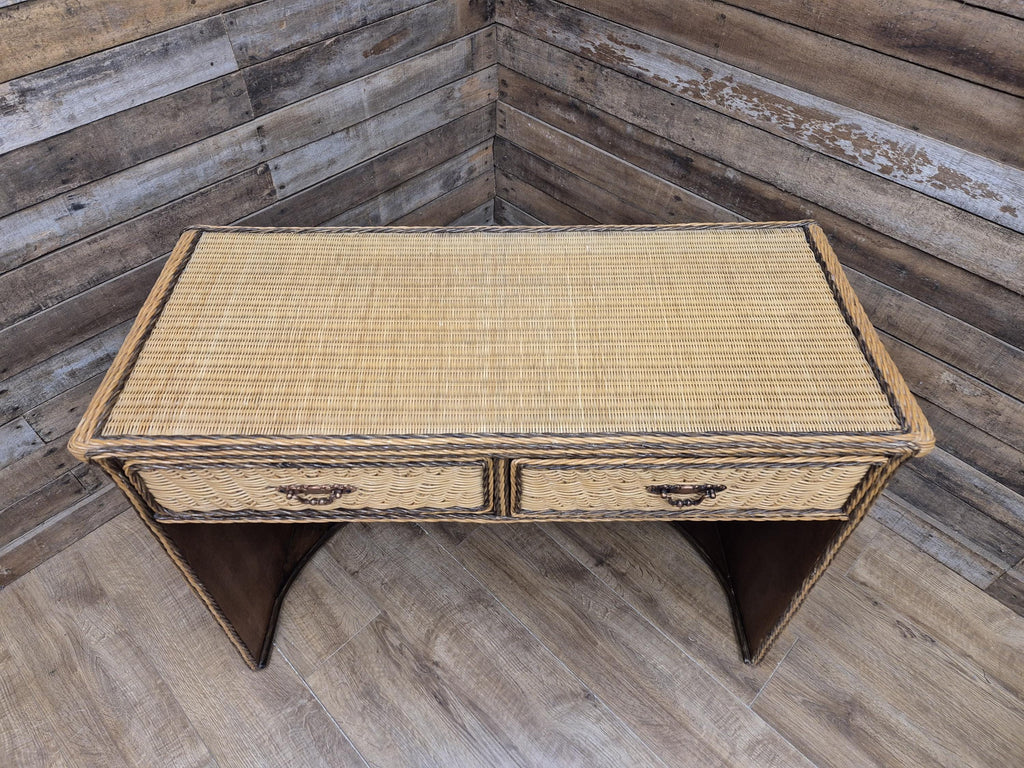 Vintage Wicker Small Desk Console Table With Drawers Rattan Hall Table
