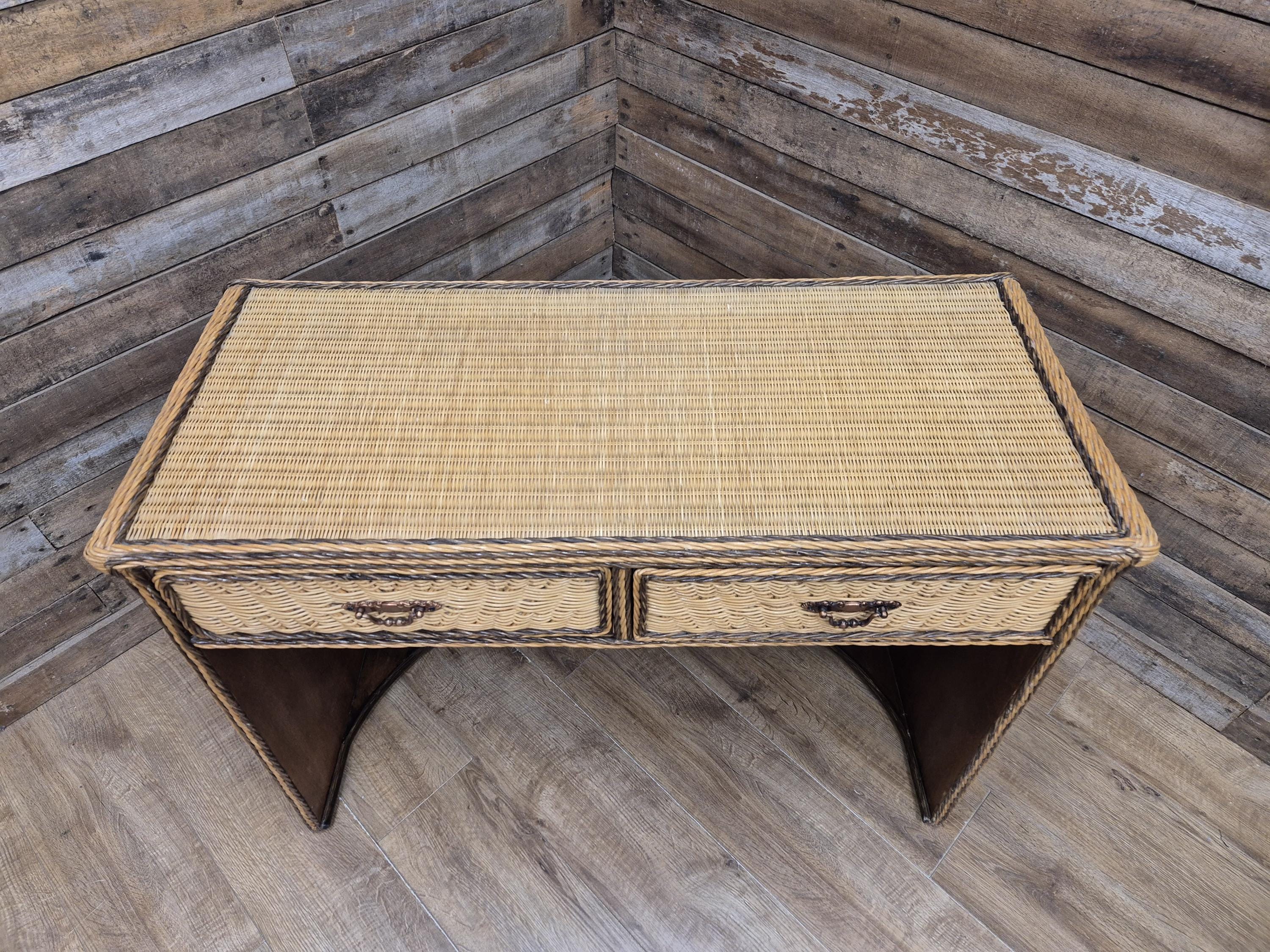 Vintage Wicker Small Desk Console Table With Drawers Rattan Hall Table
