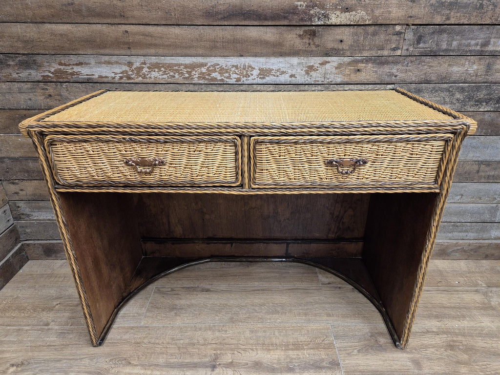 Vintage Wicker Small Desk Console Table With Drawers Rattan Hall Table