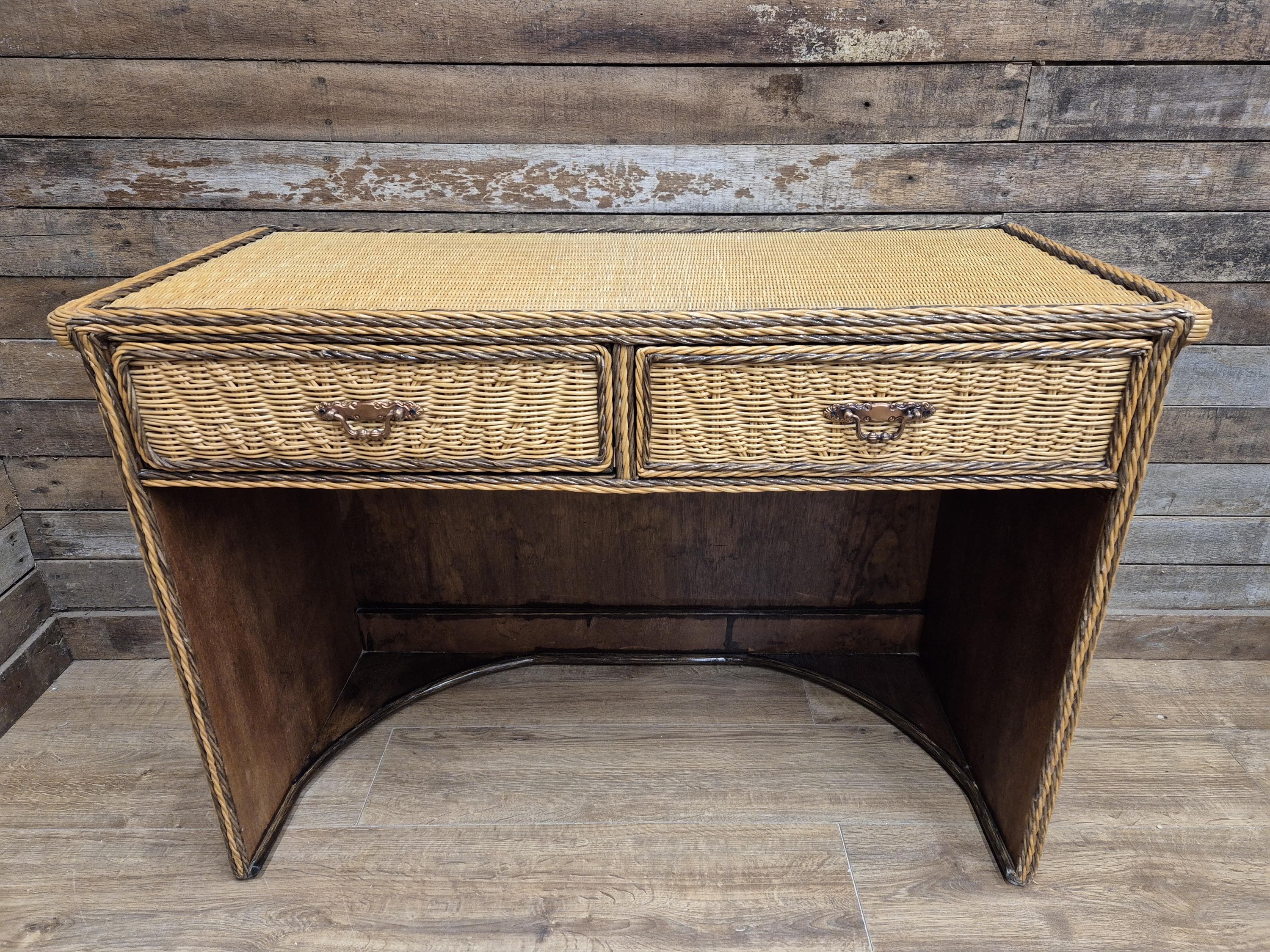 Vintage Wicker Small Desk Console Table With Drawers Rattan Hall Table