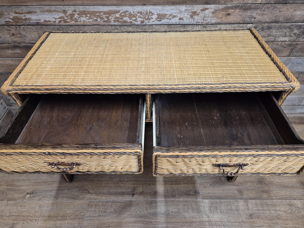 Vintage Wicker Small Desk Console Table With Drawers Rattan Hall Table
