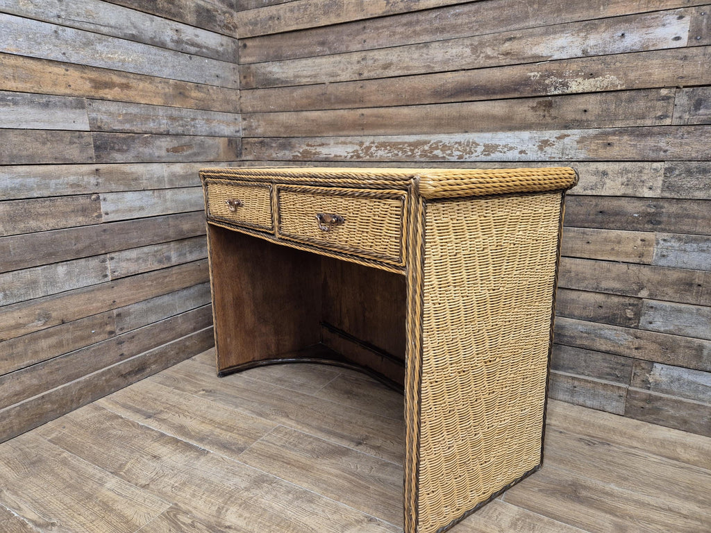 Vintage Wicker Small Desk Console Table With Drawers Rattan Hall Table