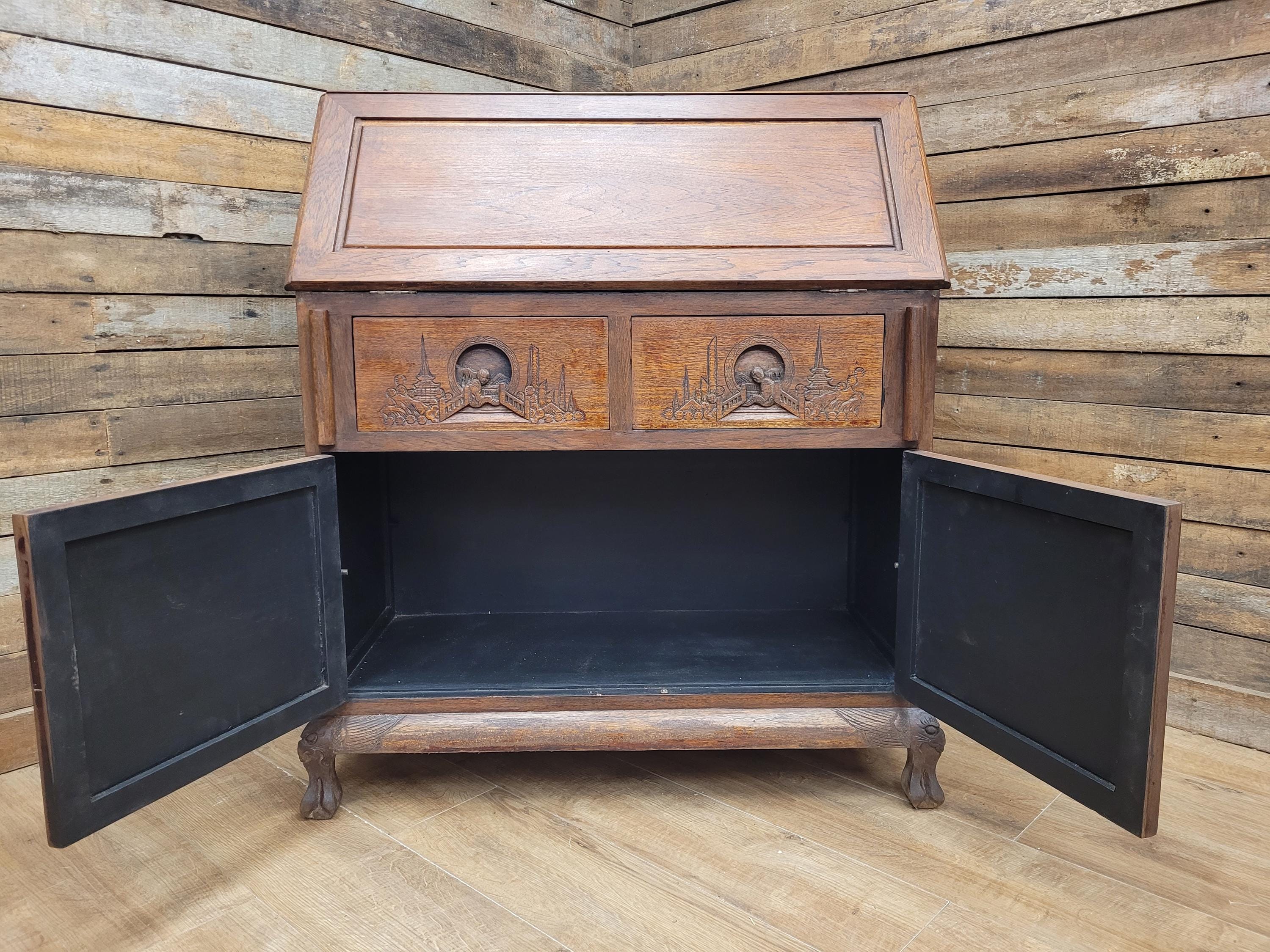 Vintage Sloping Front Bureau Writing Desk with Carved Drawers