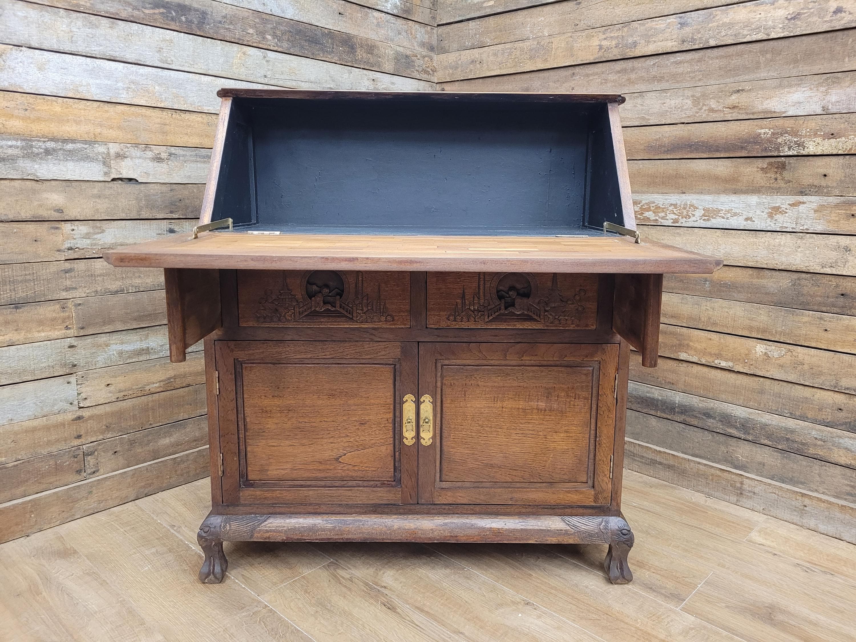 Vintage Sloping Front Bureau Writing Desk with Carved Drawers