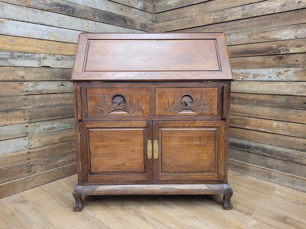 Vintage Sloping Front Bureau Writing Desk with Carved Drawers