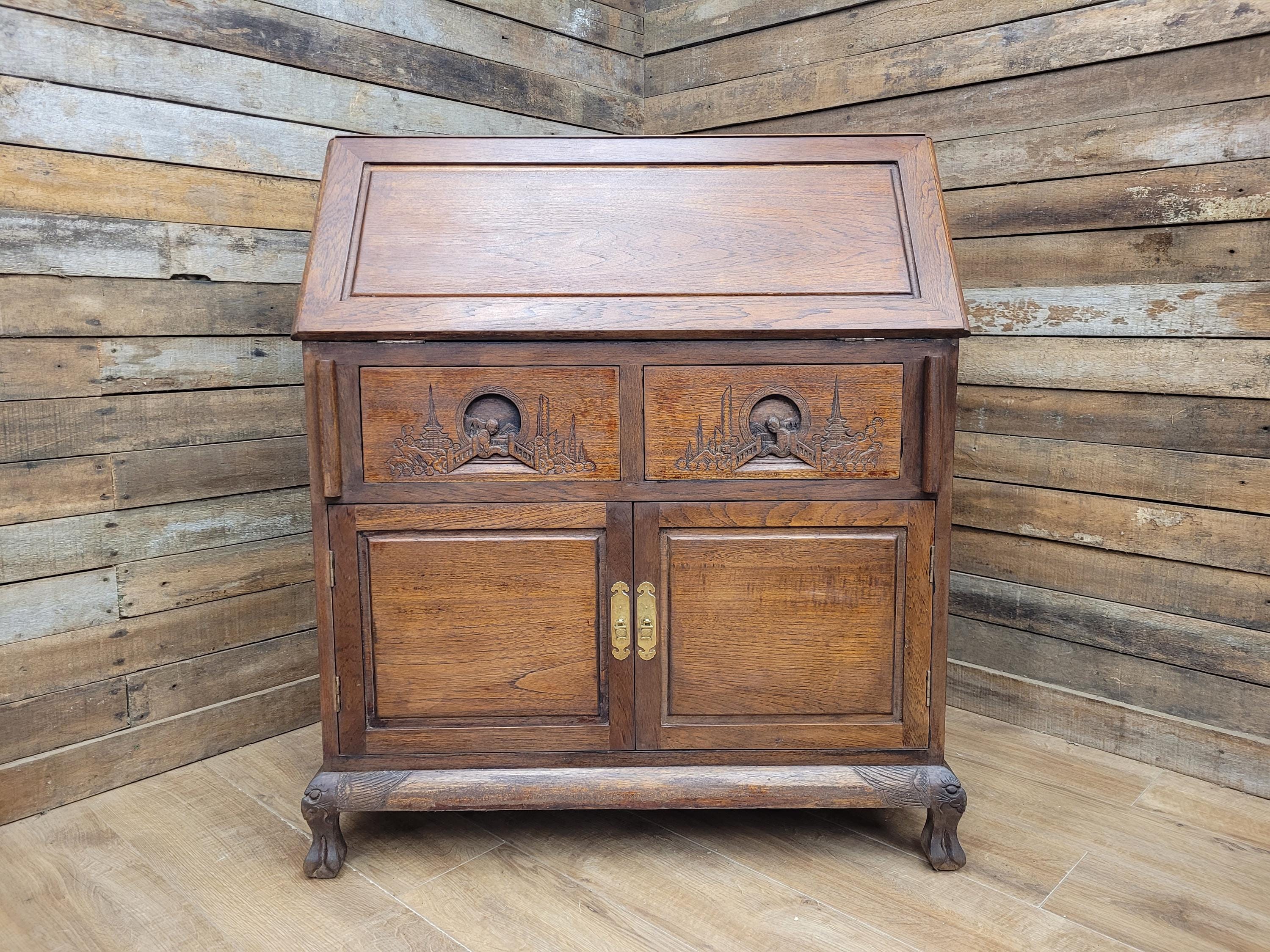 Vintage Sloping Front Bureau Writing Desk with Carved Drawers