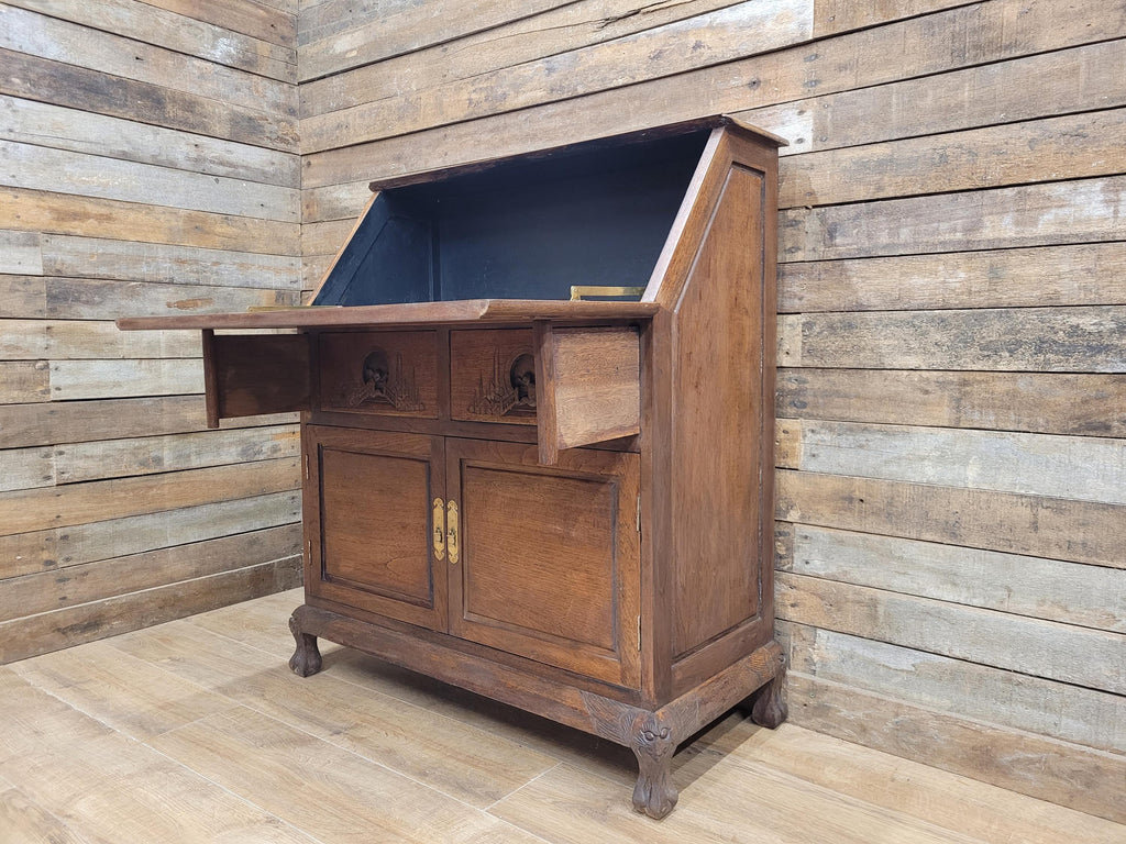 Vintage Sloping Front Bureau Writing Desk with Carved Drawers