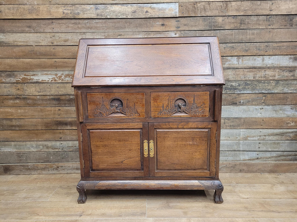 Vintage Sloping Front Bureau Writing Desk with Carved Drawers