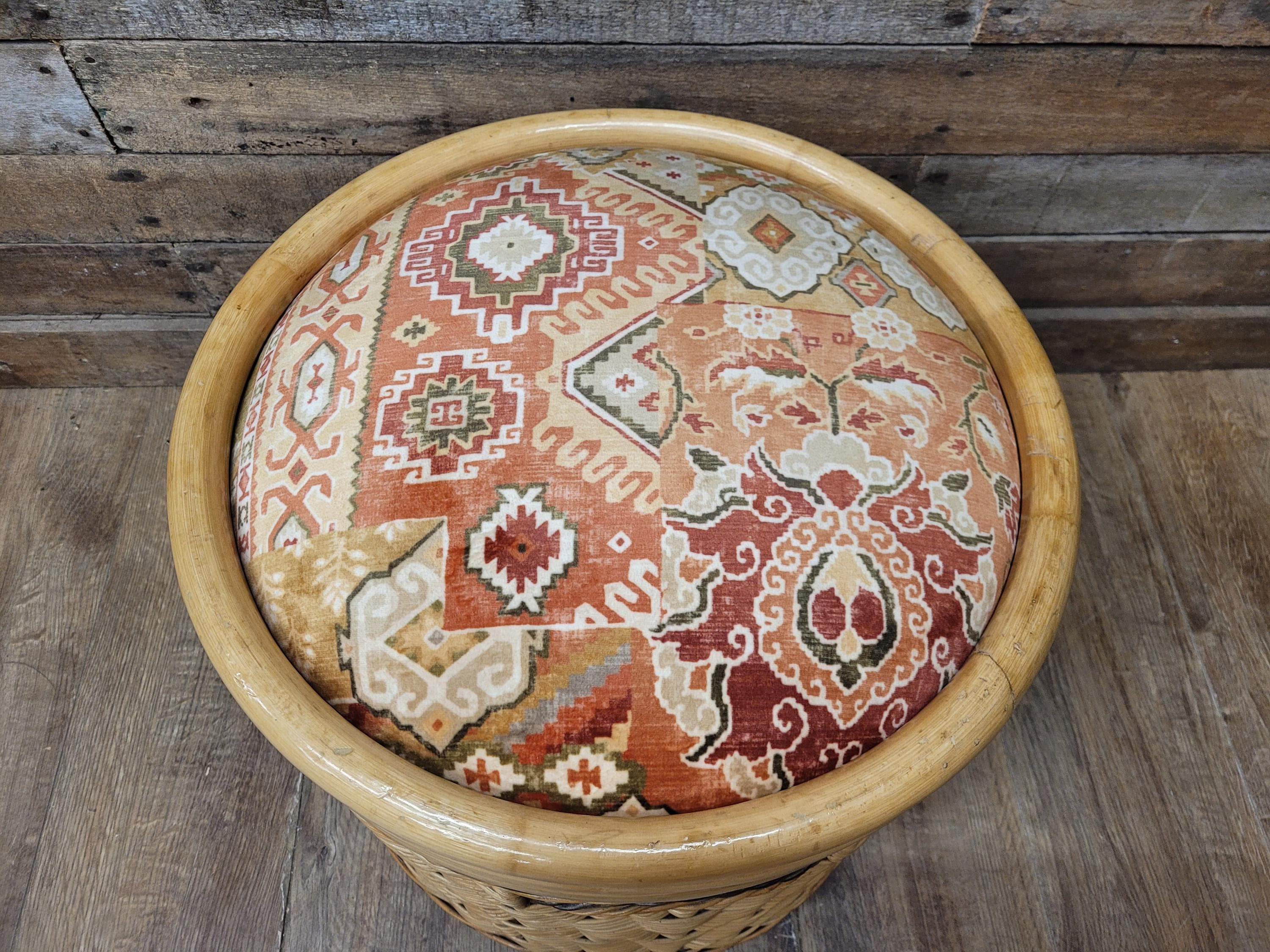 Daro Style Wicker Storage Stool Ottoman with Kilim Upholstered Seat