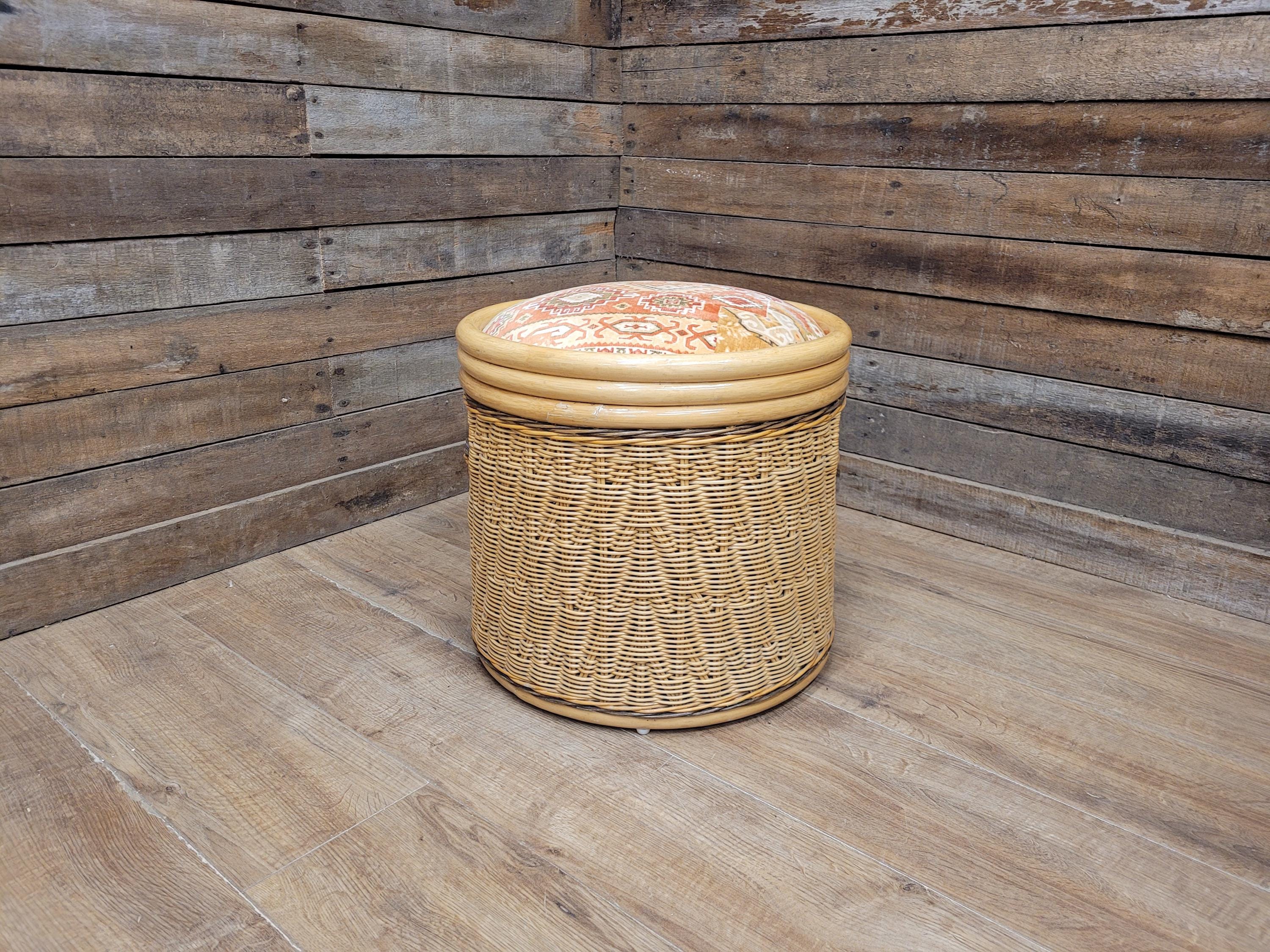 Daro Style Wicker Storage Stool Ottoman with Kilim Upholstered Seat