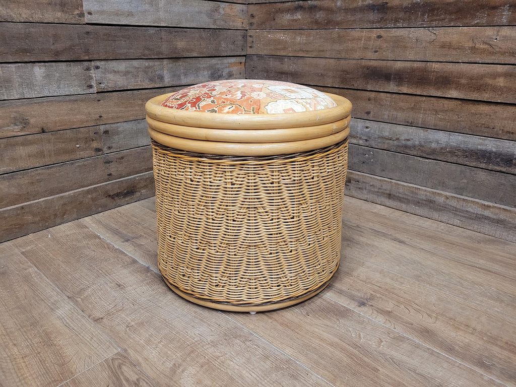 Daro Style Wicker Storage Stool Ottoman with Kilim Upholstered Seat