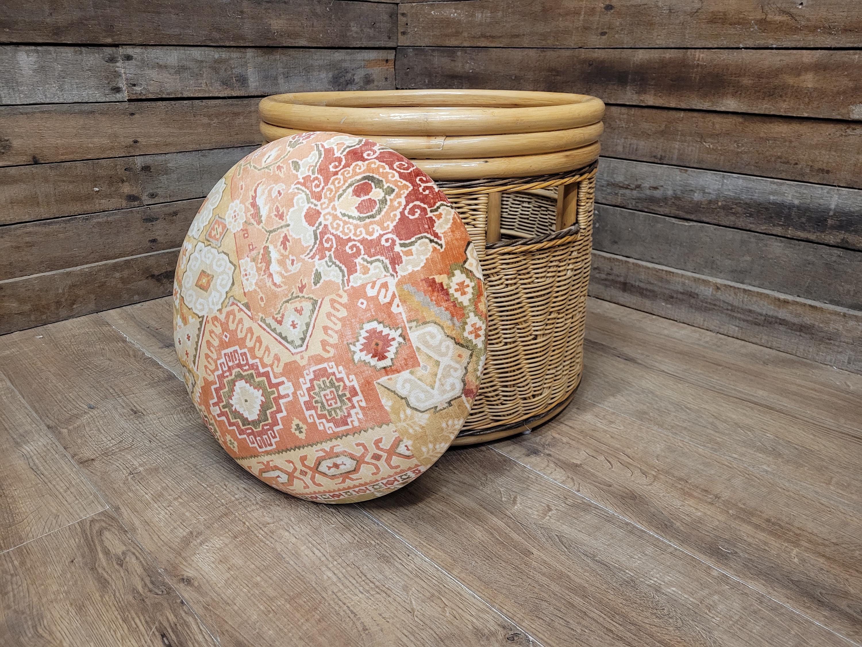 Daro Style Wicker Storage Stool Ottoman with Kilim Upholstered Seat