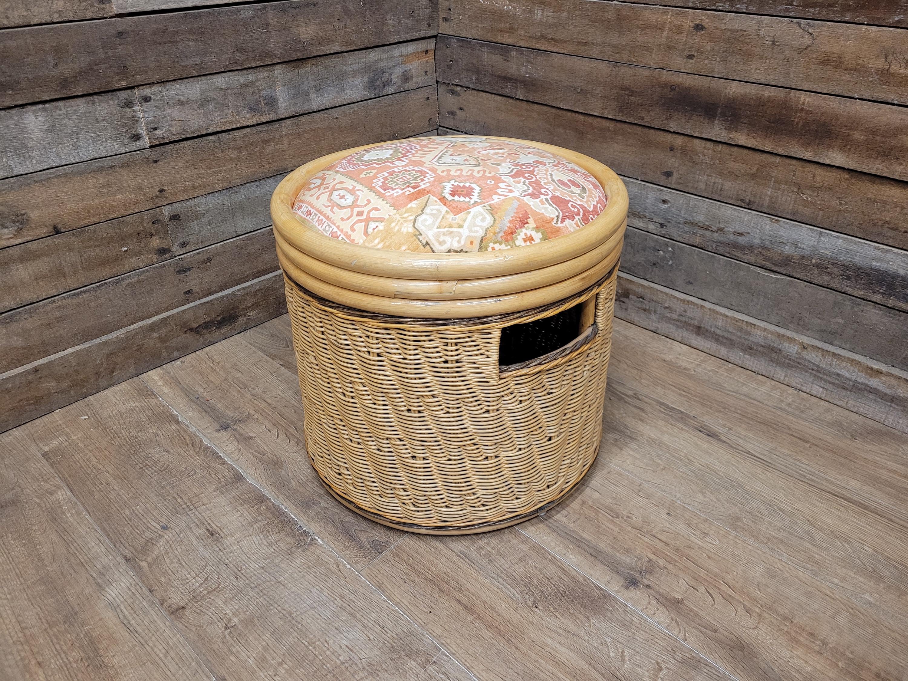 Daro Style Wicker Storage Stool Ottoman with Kilim Upholstered Seat