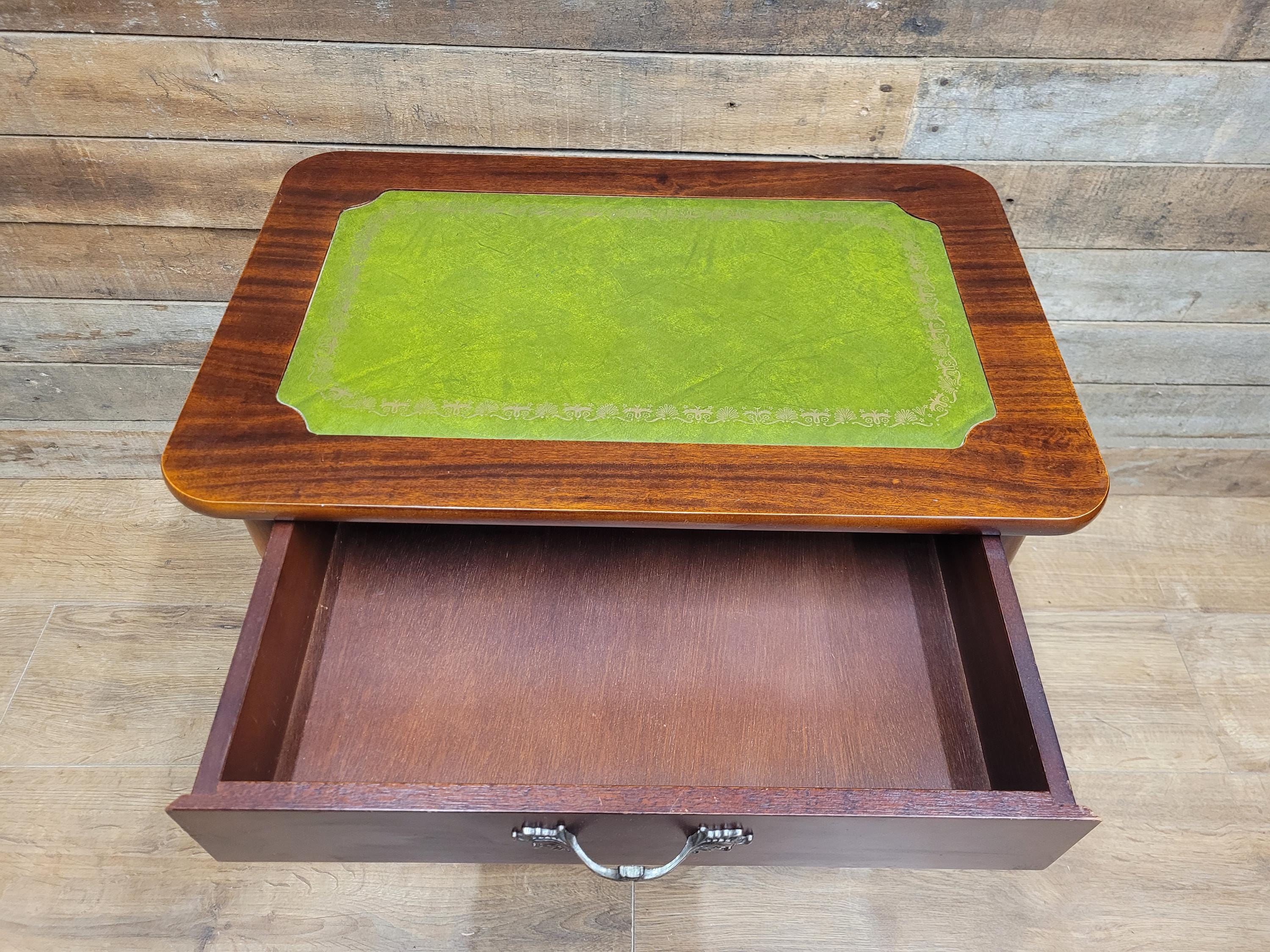 Vintage Small Drinks Trolley Side Table Green Faux Leather Inlay Two Tier Drawer