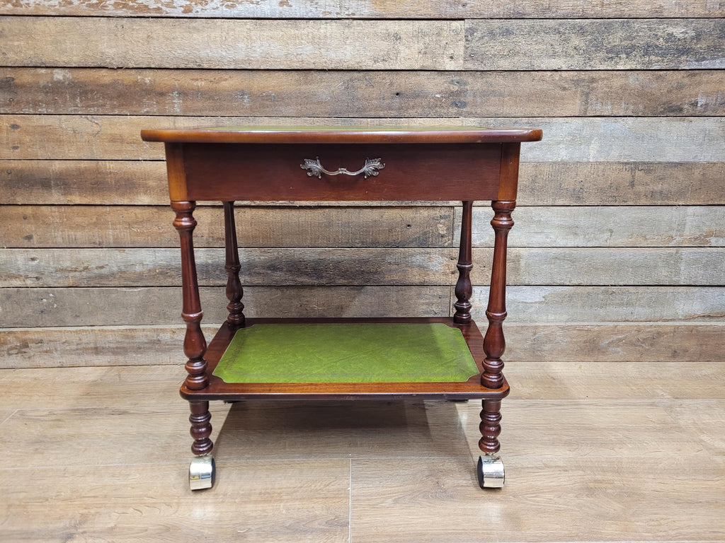 Vintage Small Drinks Trolley Side Table Green Faux Leather Inlay Two Tier Drawer