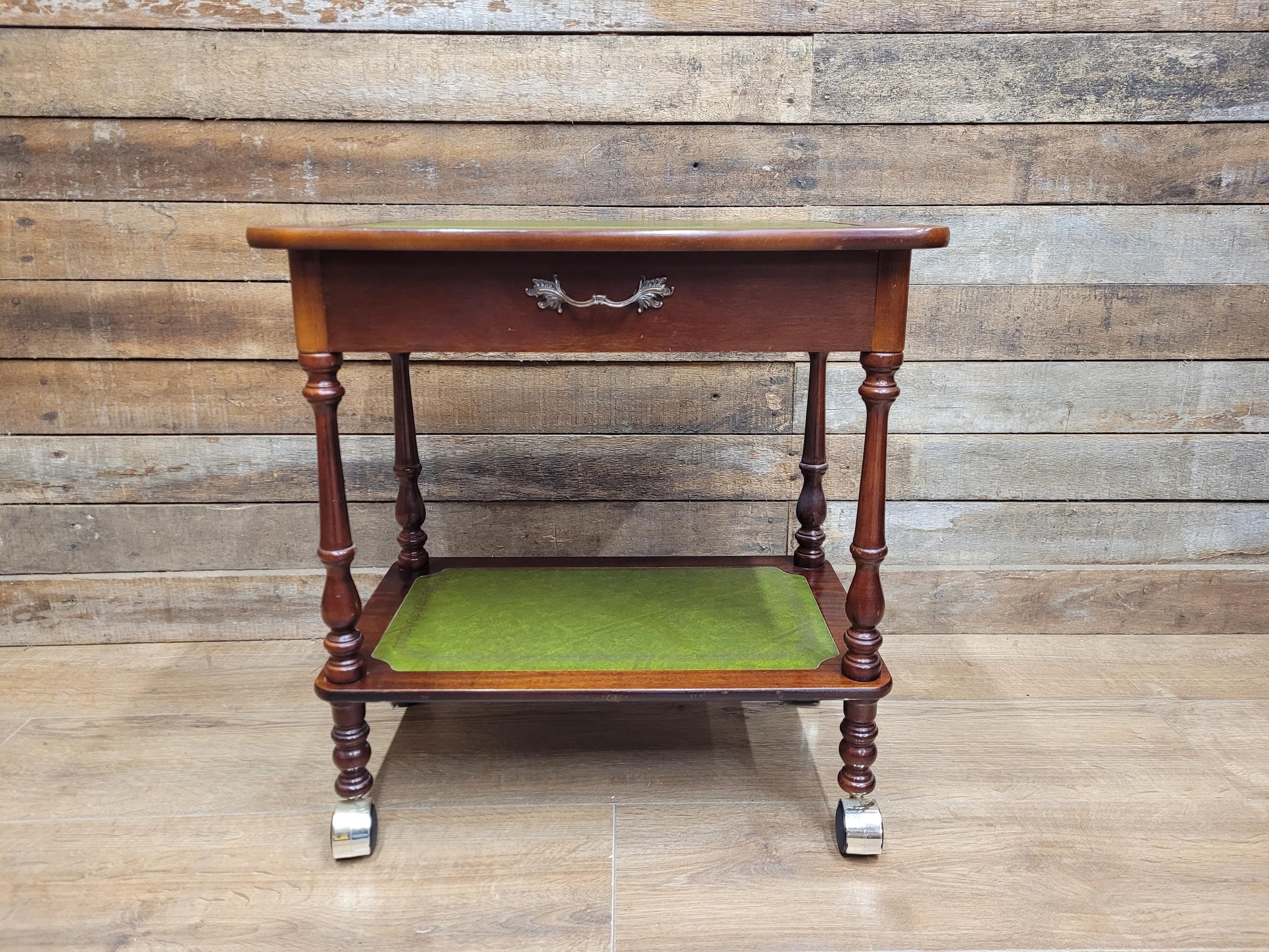 Vintage Small Drinks Trolley Side Table Green Faux Leather Inlay Two Tier Drawer