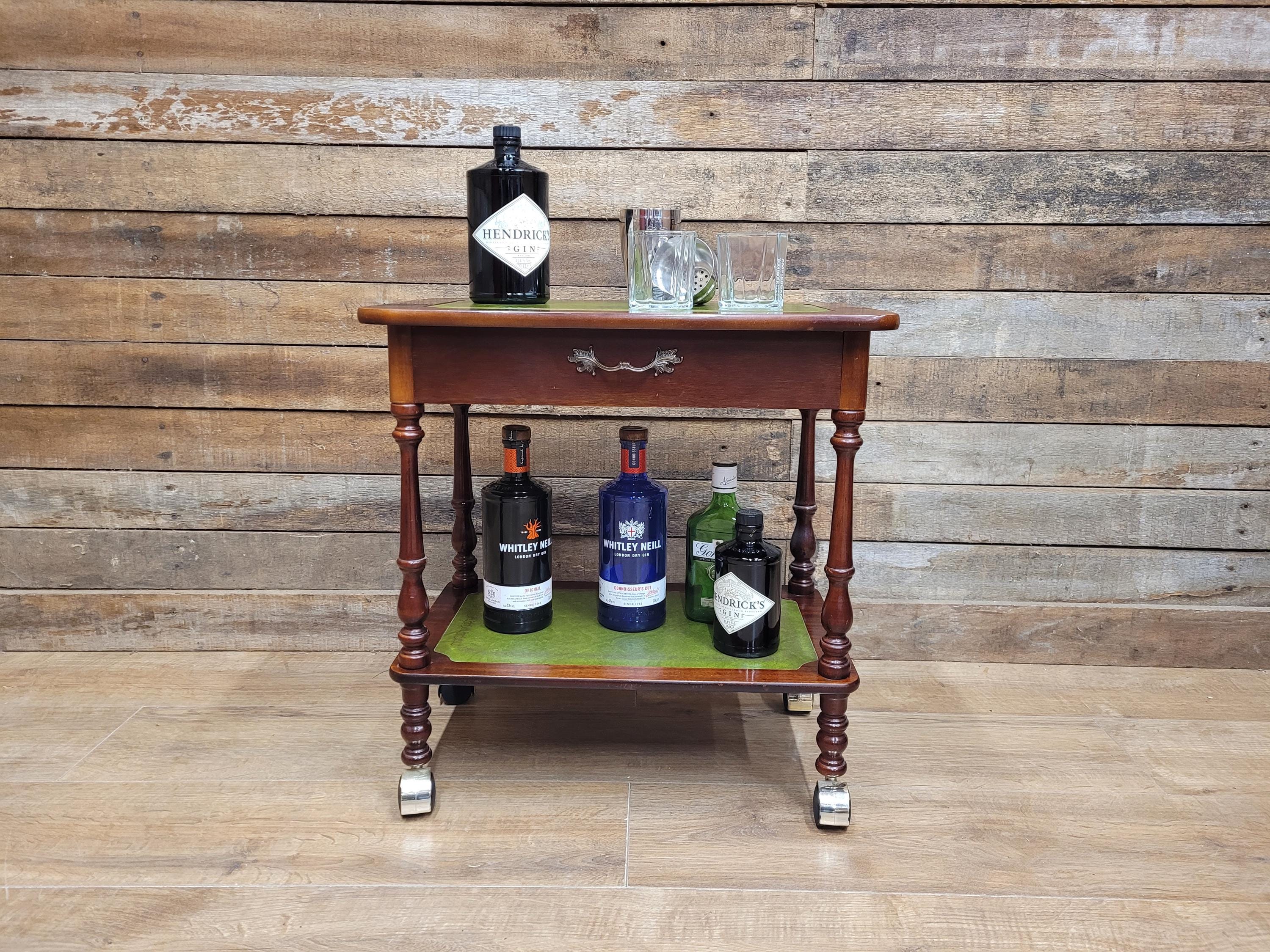 Vintage Small Drinks Trolley Side Table Green Faux Leather Inlay Two Tier Drawer