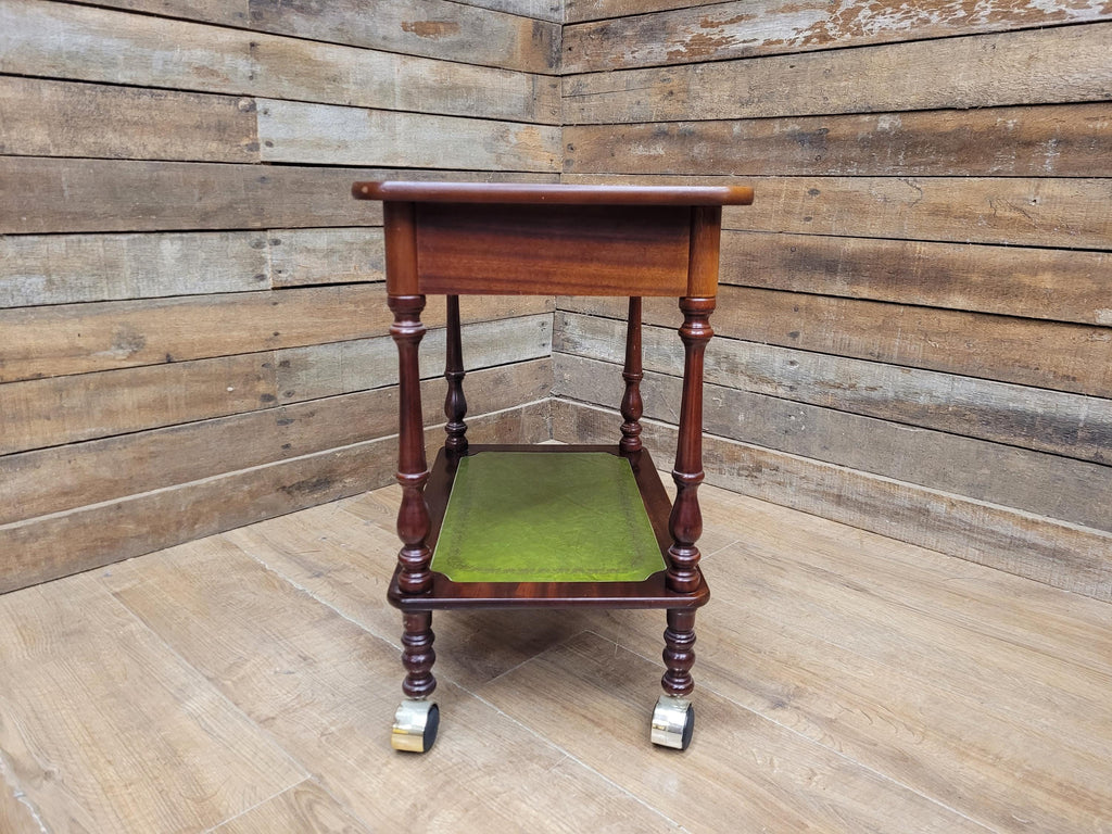 Vintage Small Drinks Trolley Side Table Green Faux Leather Inlay Two Tier Drawer