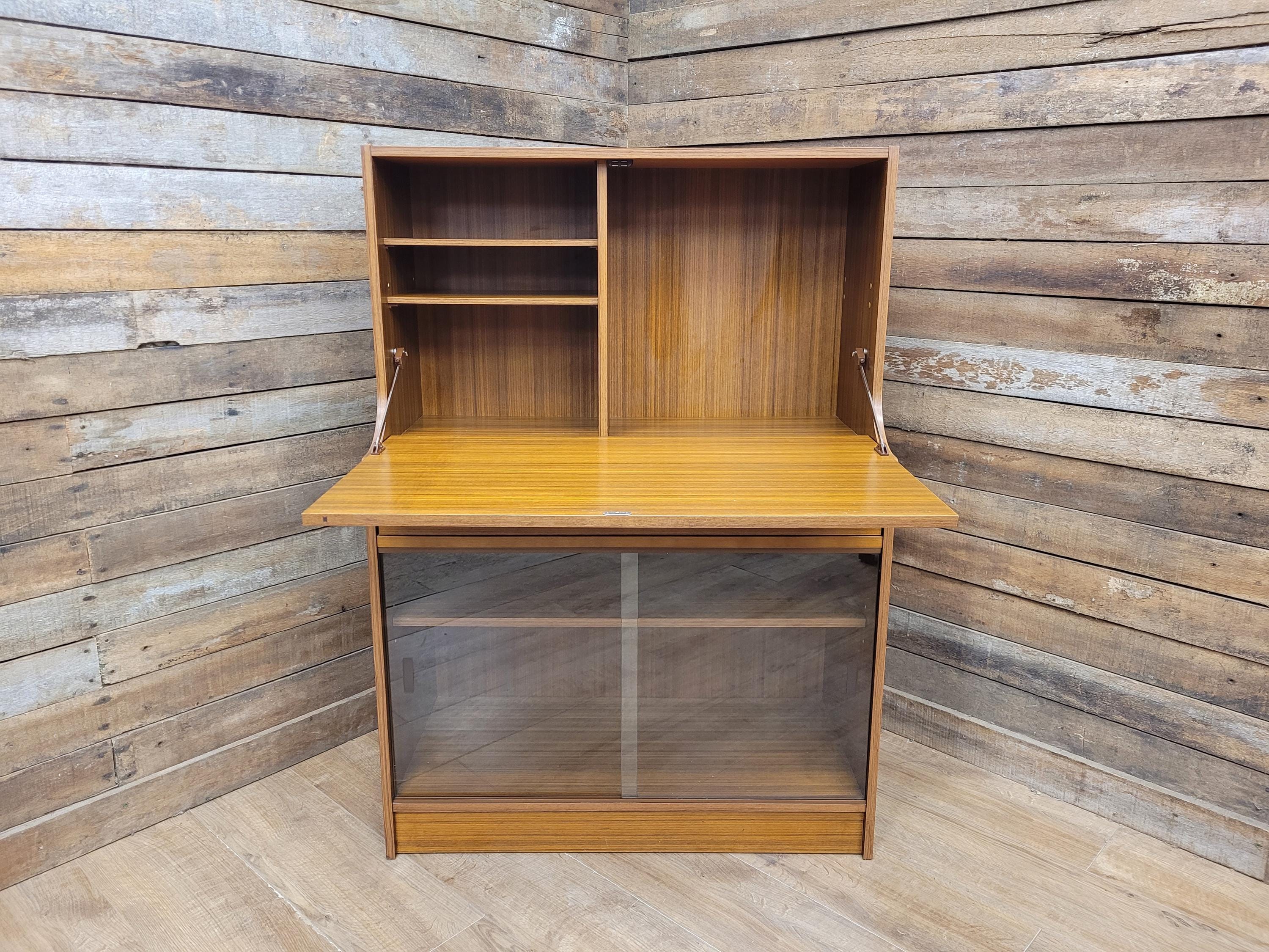 Vintage Avalon Bureau Cabinet Mid Century Drop Front Desk With Glass Cupboard