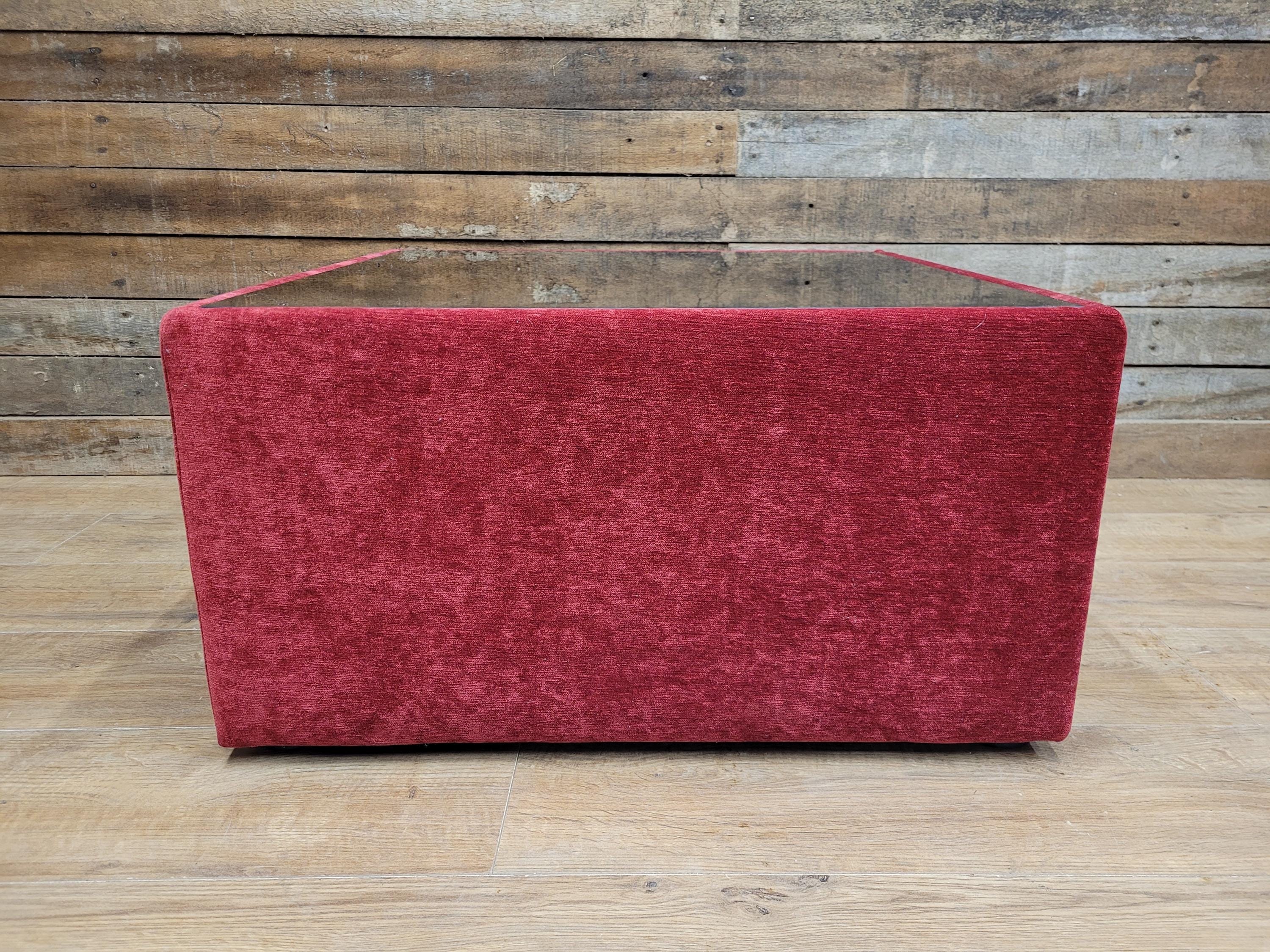 Vintage 1970s Style Red Upholstered Coffee Table Smoked Glass Square Retro Chic
