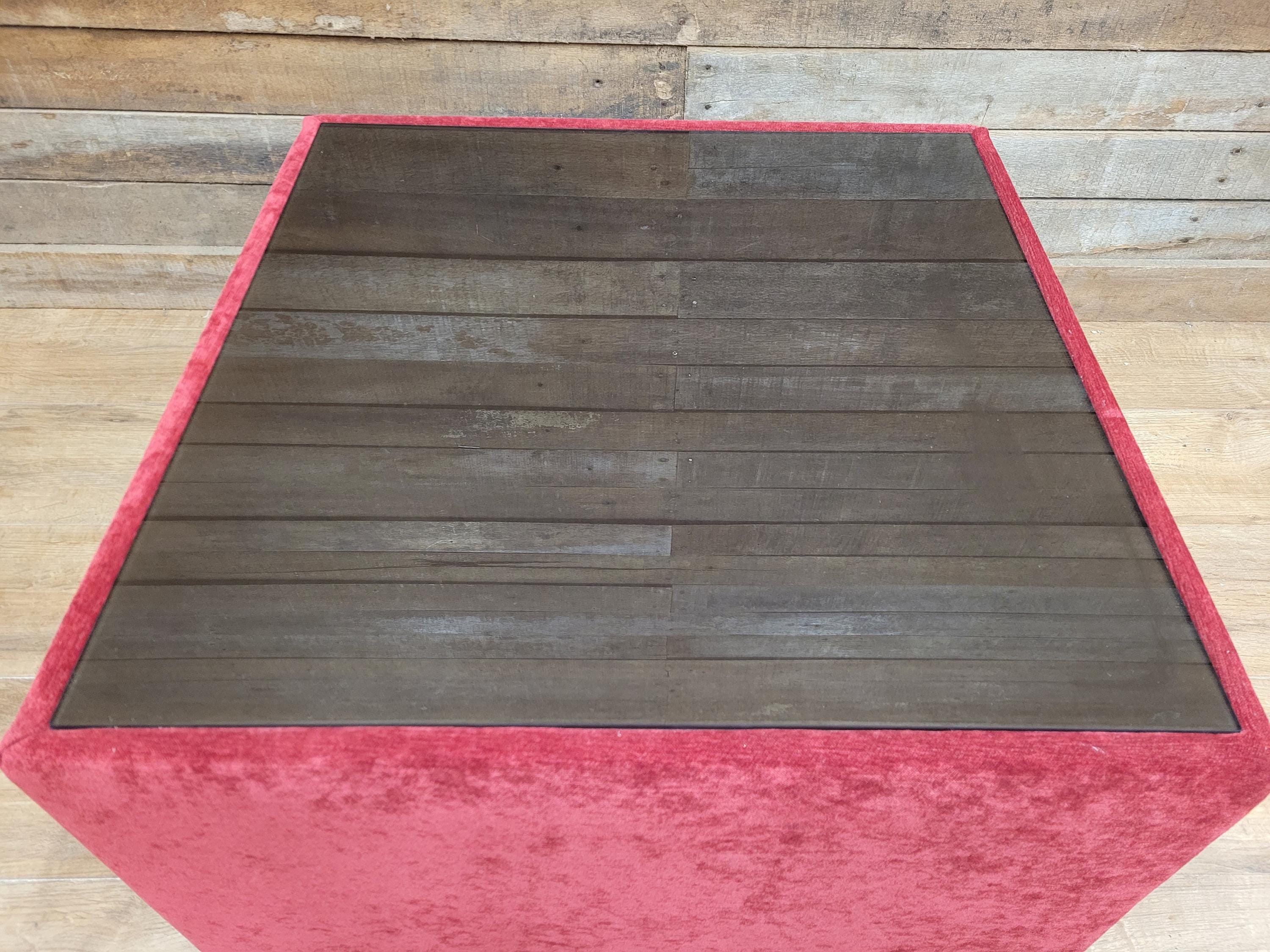 Vintage 1970s Style Red Upholstered Coffee Table Smoked Glass Square Retro Chic