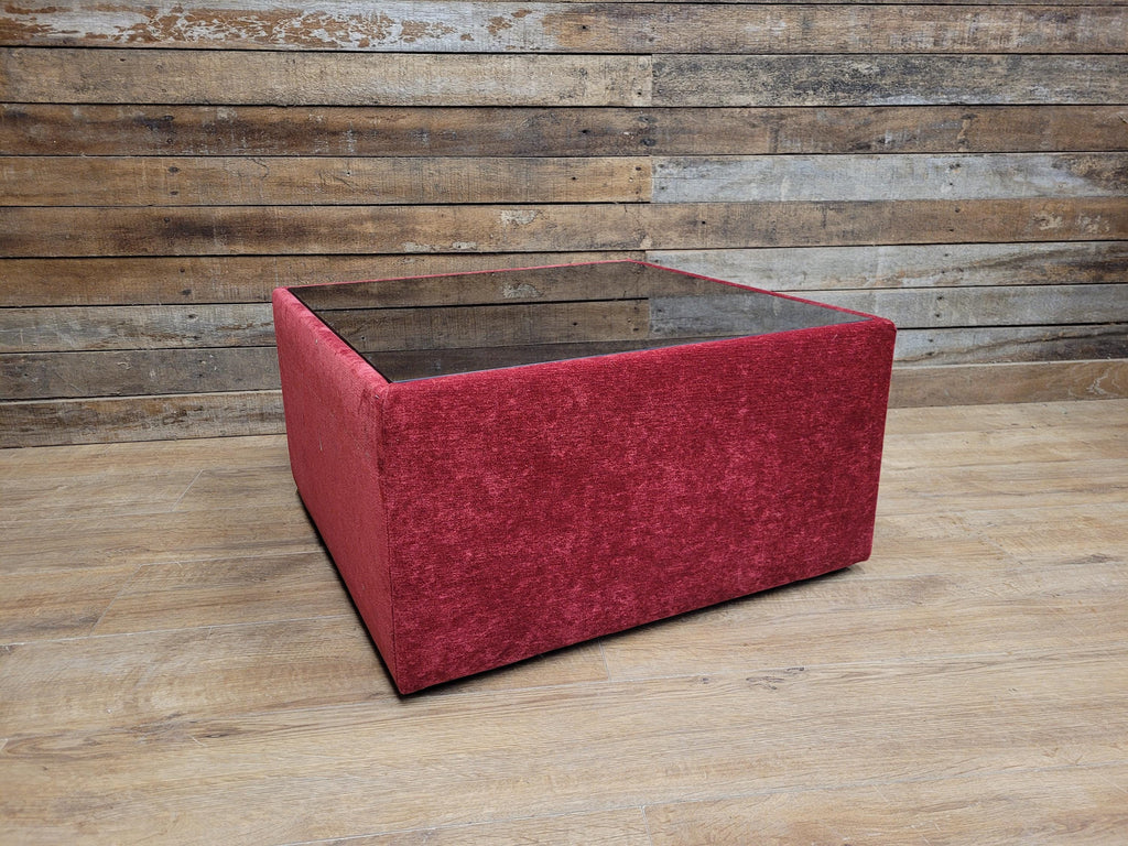 Vintage 1970s Style Red Upholstered Coffee Table Smoked Glass Square Retro Chic