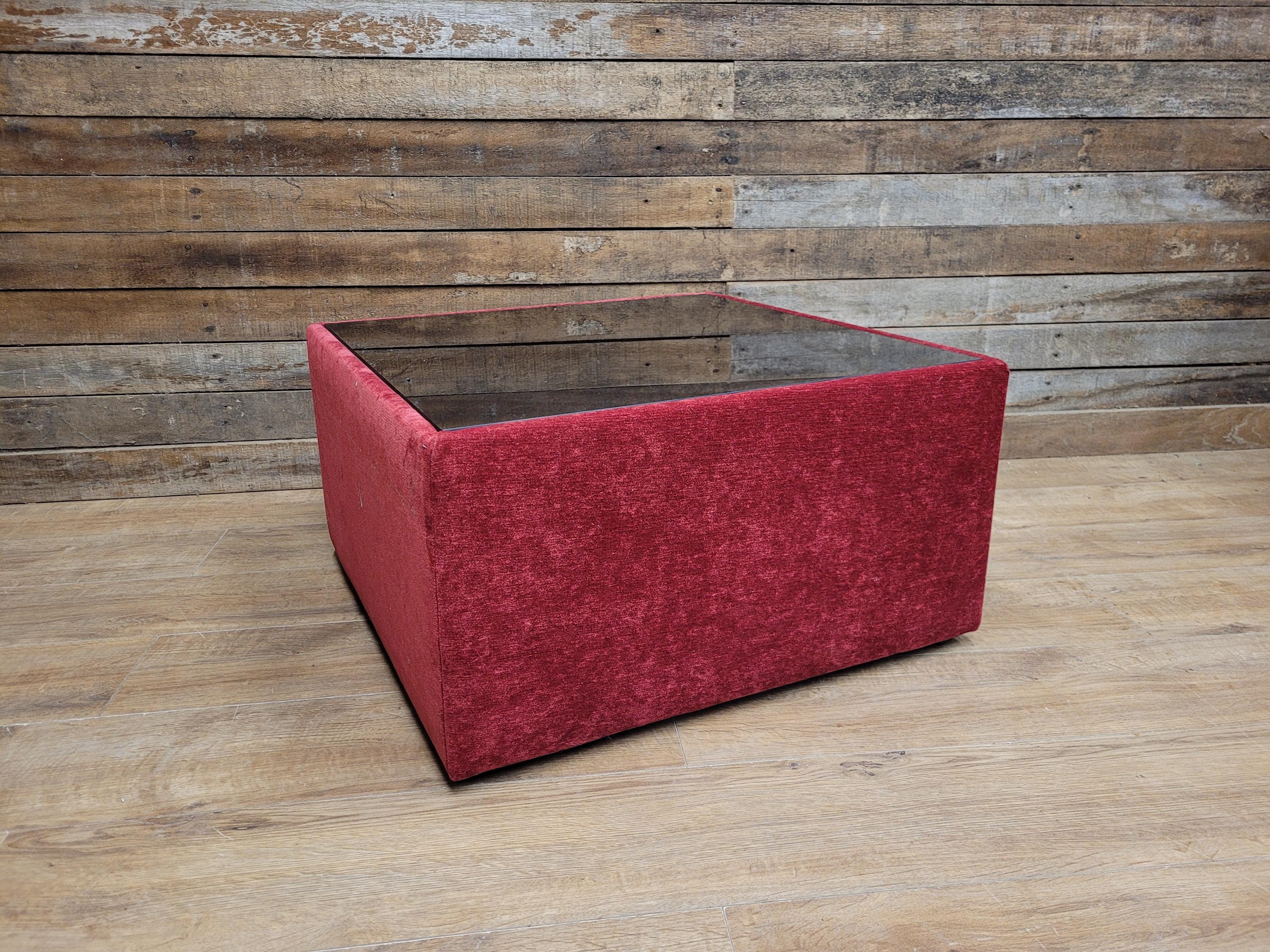 Vintage 1970s Style Red Upholstered Coffee Table Smoked Glass Square Retro Chic