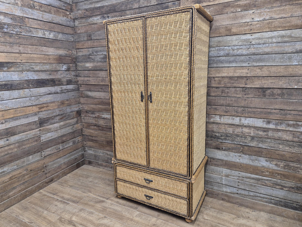 Vintage Tall Wicker Wardrobe Armoire with Drawers Vintage Rattan Cabinet Tallboy