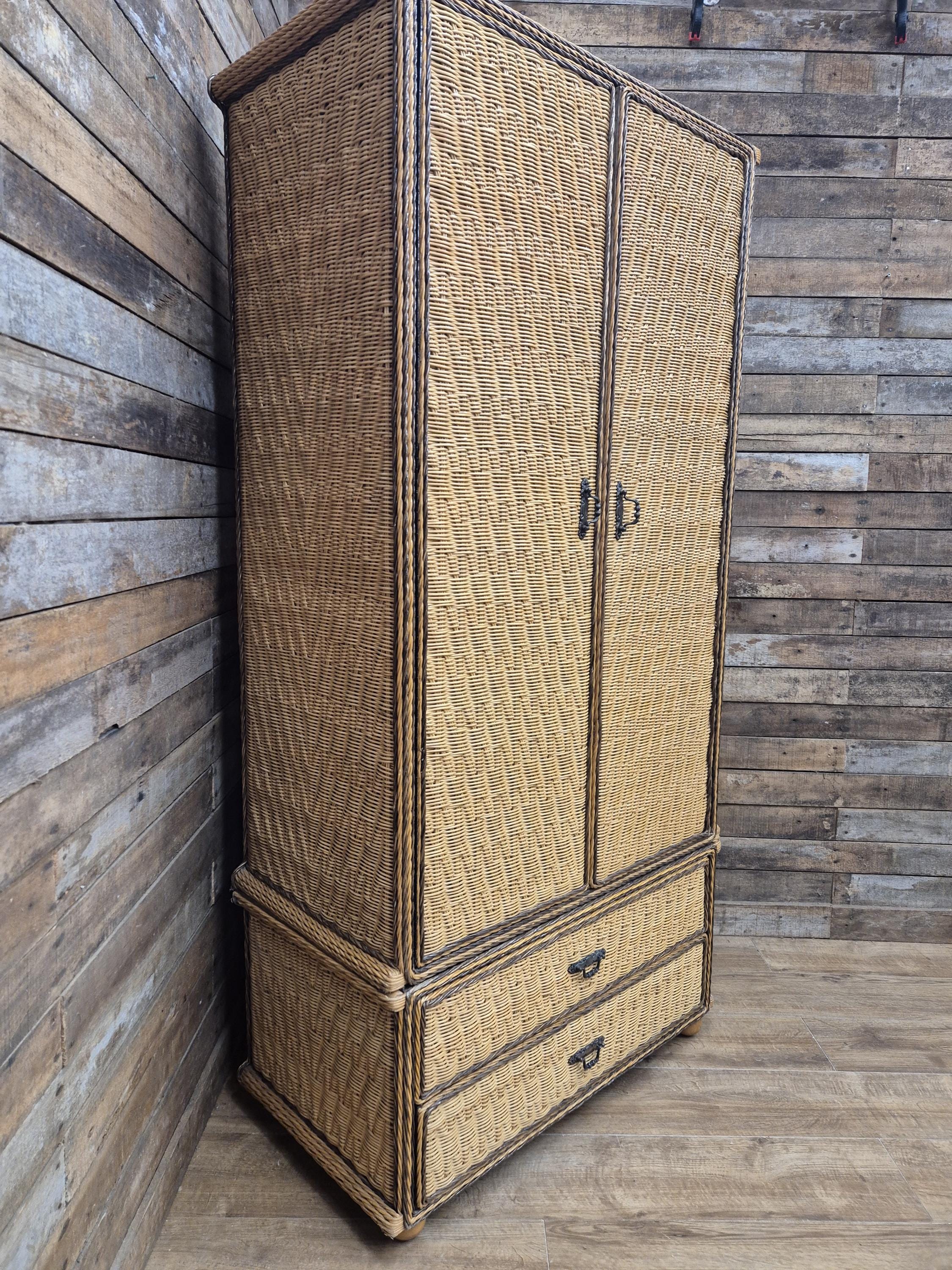 Vintage Tall Wicker Wardrobe Armoire with Drawers Vintage Rattan Cabinet Tallboy