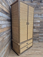 Vintage Tall Wicker Wardrobe Armoire with Drawers Vintage Rattan Cabinet Tallboy