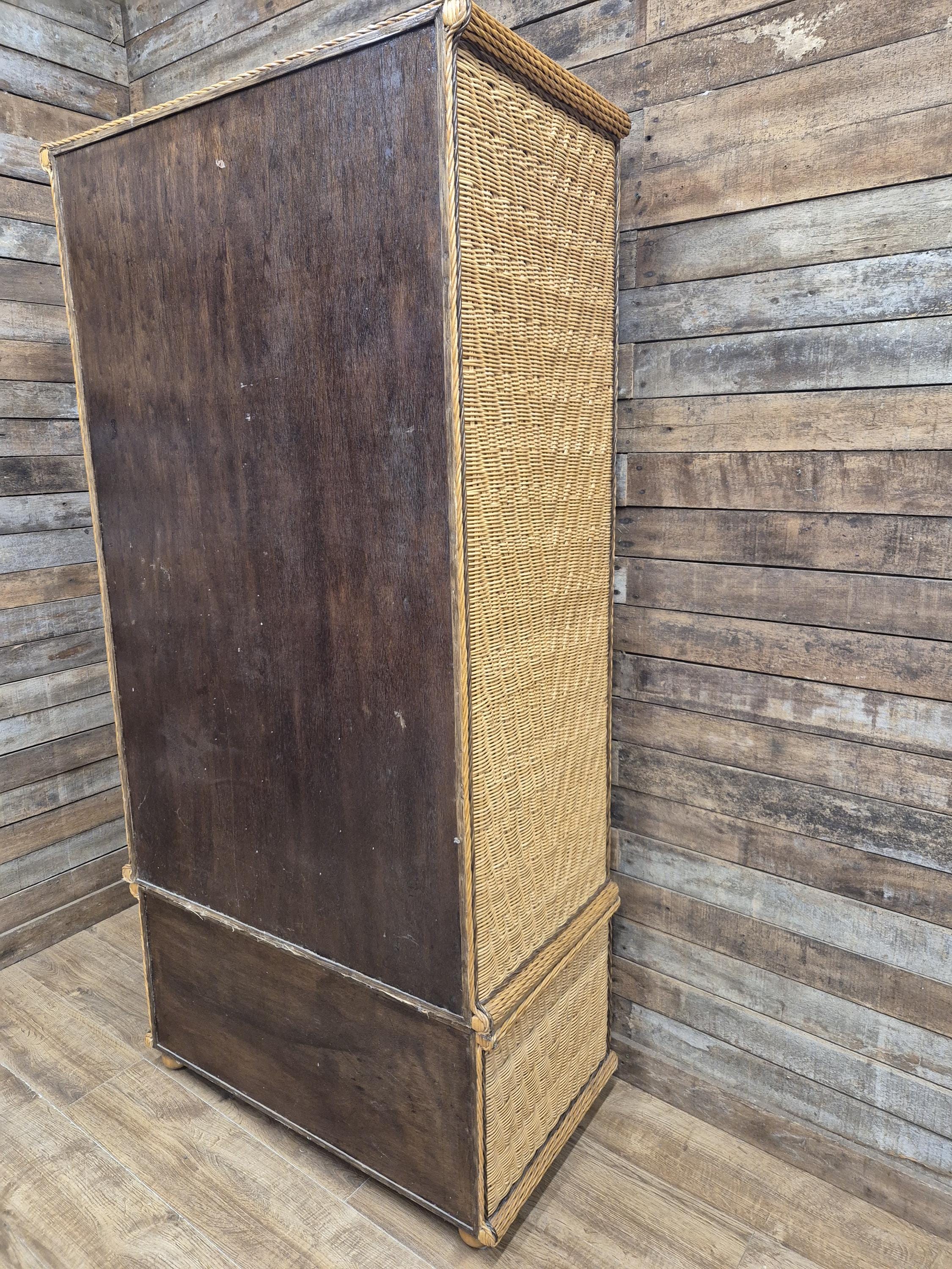 Vintage Tall Wicker Wardrobe Armoire with Drawers Vintage Rattan Cabinet Tallboy