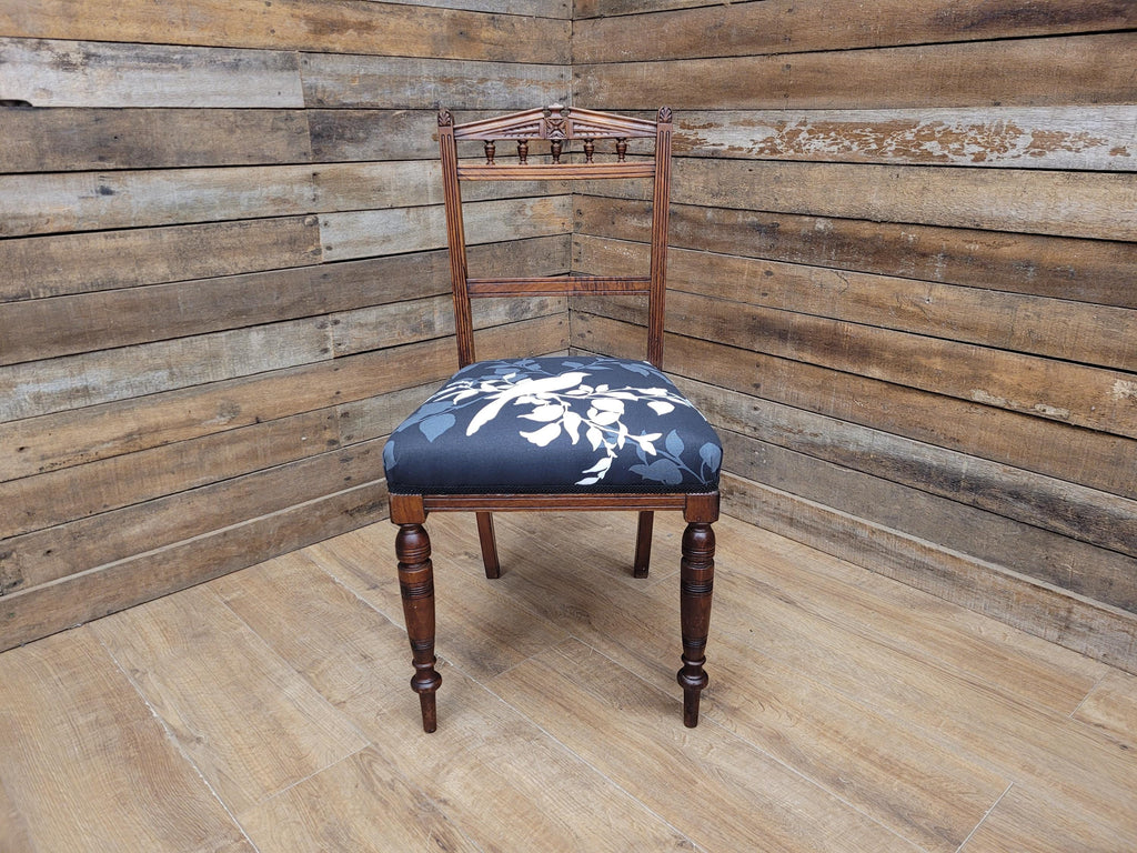 Antique Edwardian Oak Bedroom Chair Turned Legs Carved Back