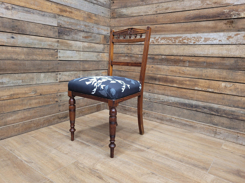 Antique Edwardian Oak Bedroom Chair Turned Legs Carved Back