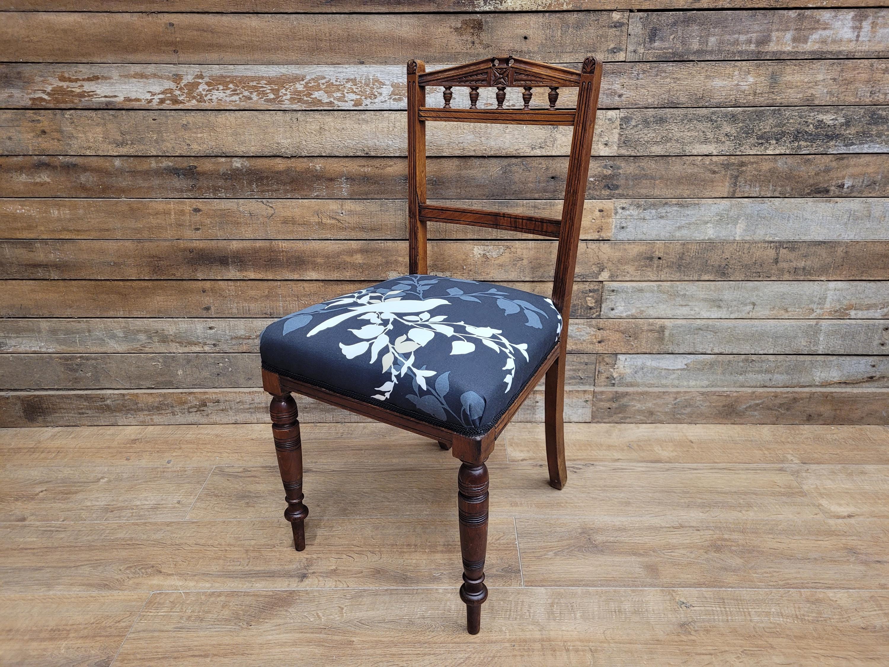 Antique Edwardian Oak Bedroom Chair Turned Legs Carved Back