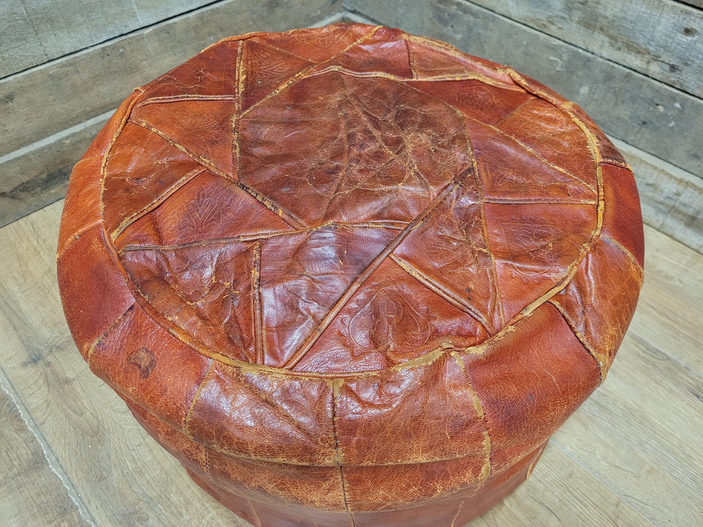 Vintage Moroccan Leather Pouffe Ottoman Tan Brown Leather