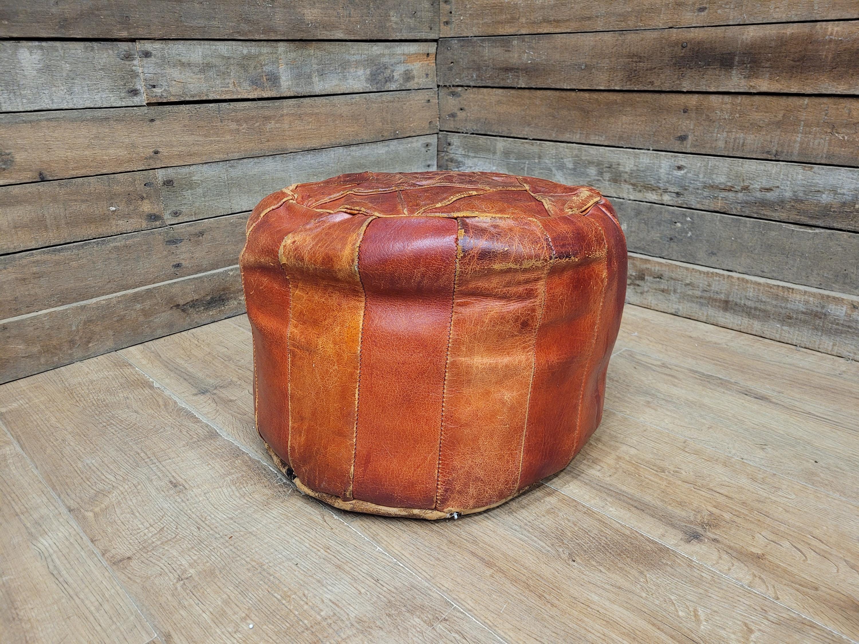 Vintage Moroccan Leather Pouffe Ottoman Tan Brown Leather