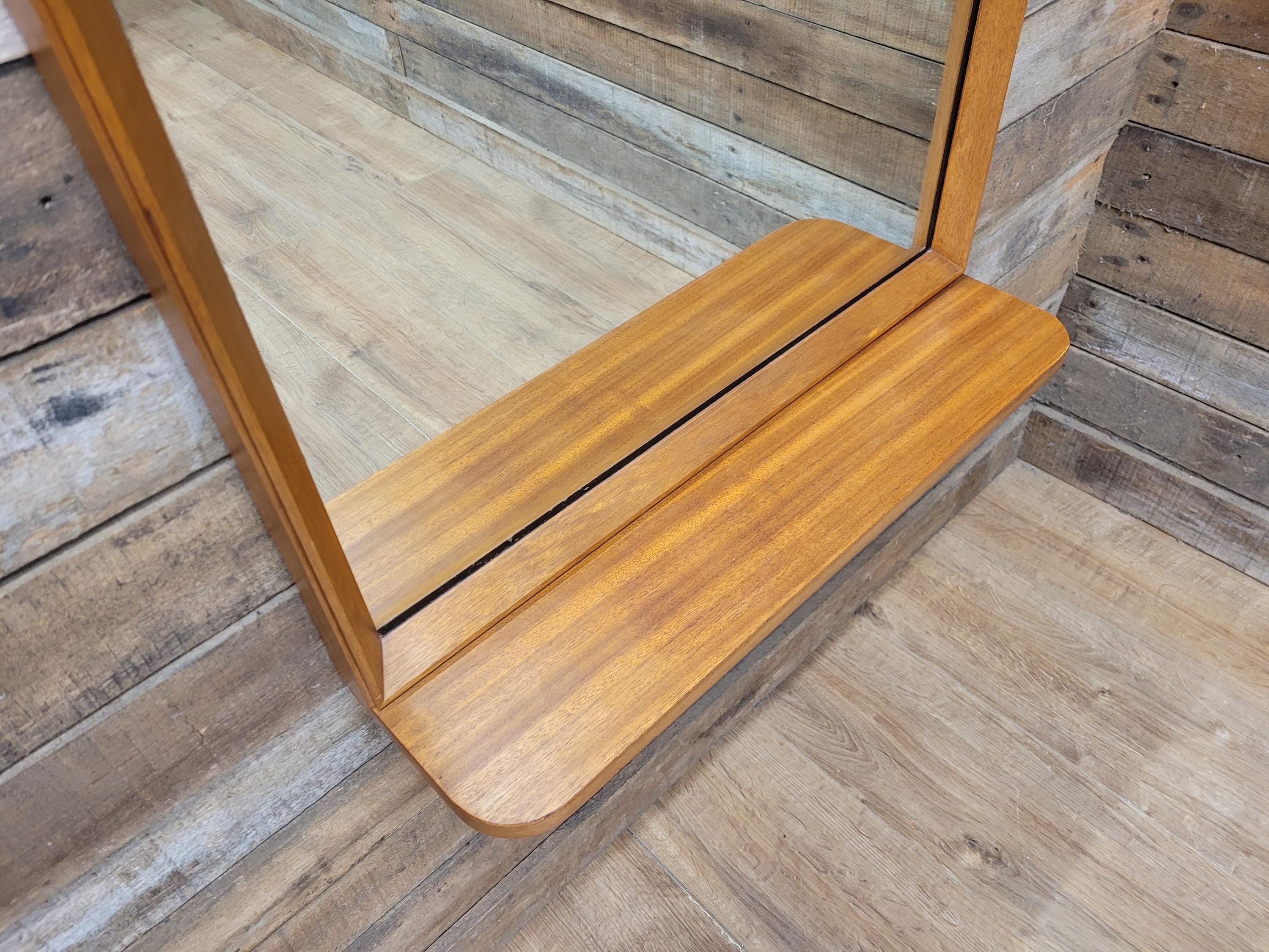 Mid Century Teak Wall Mirror with Shelf 1960s Scandinavian Style
