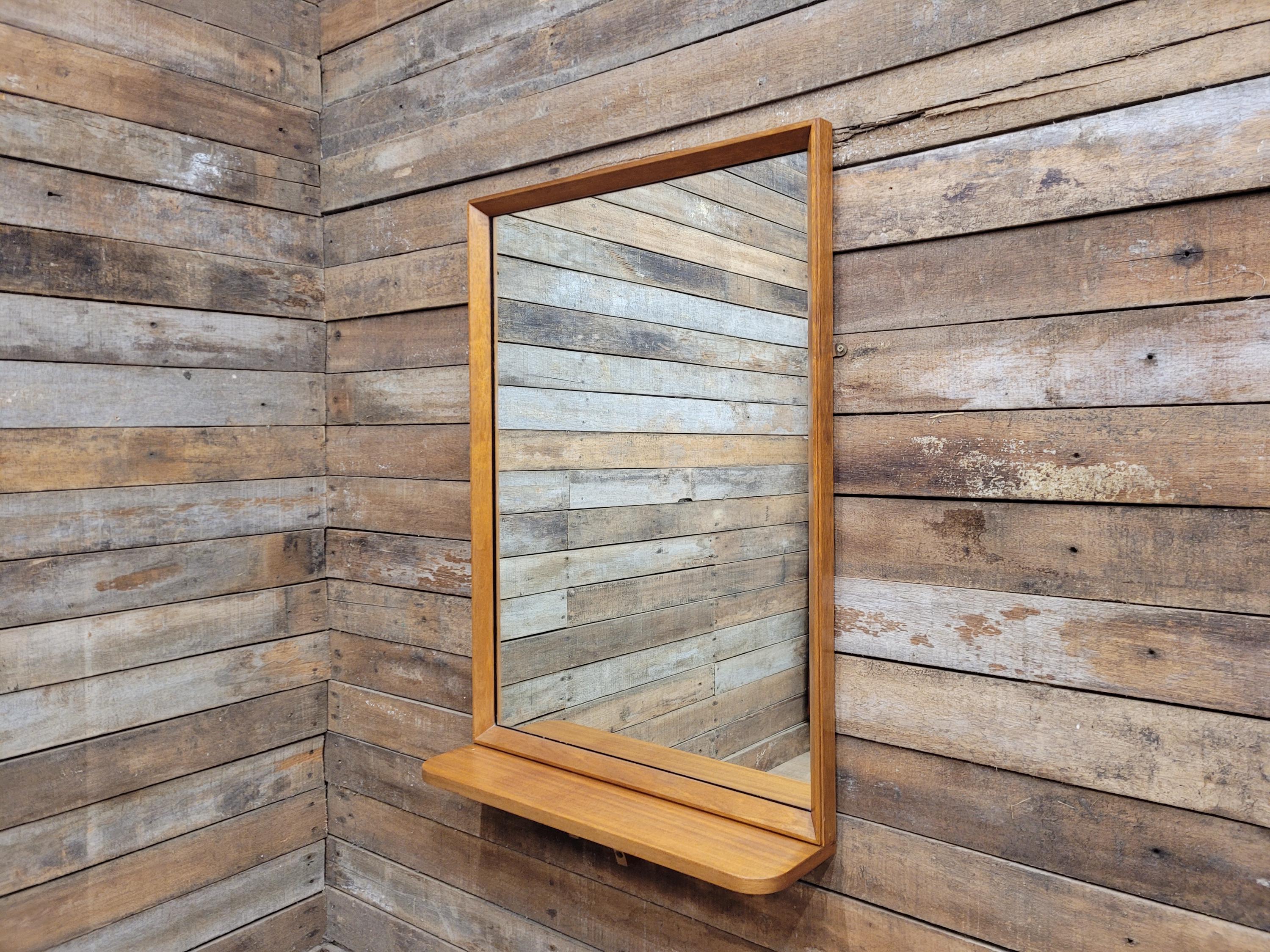 Mid Century Teak Wall Mirror with Shelf 1960s Scandinavian Style
