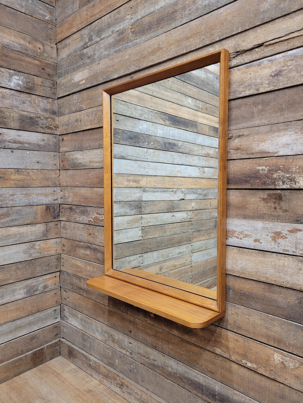 Mid Century Teak Wall Mirror with Shelf 1960s Scandinavian Style