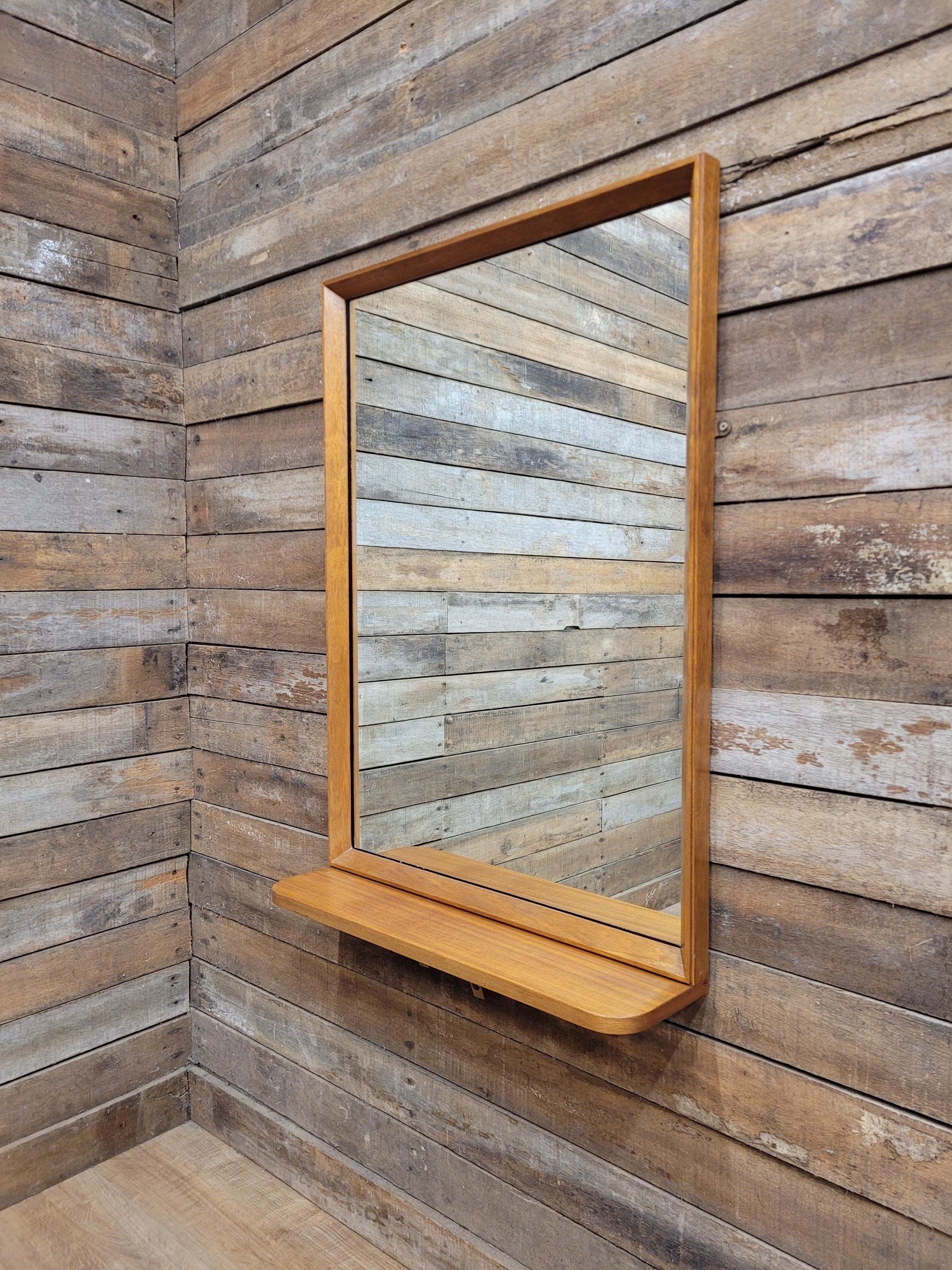 Mid Century Teak Wall Mirror with Shelf 1960s Scandinavian Style