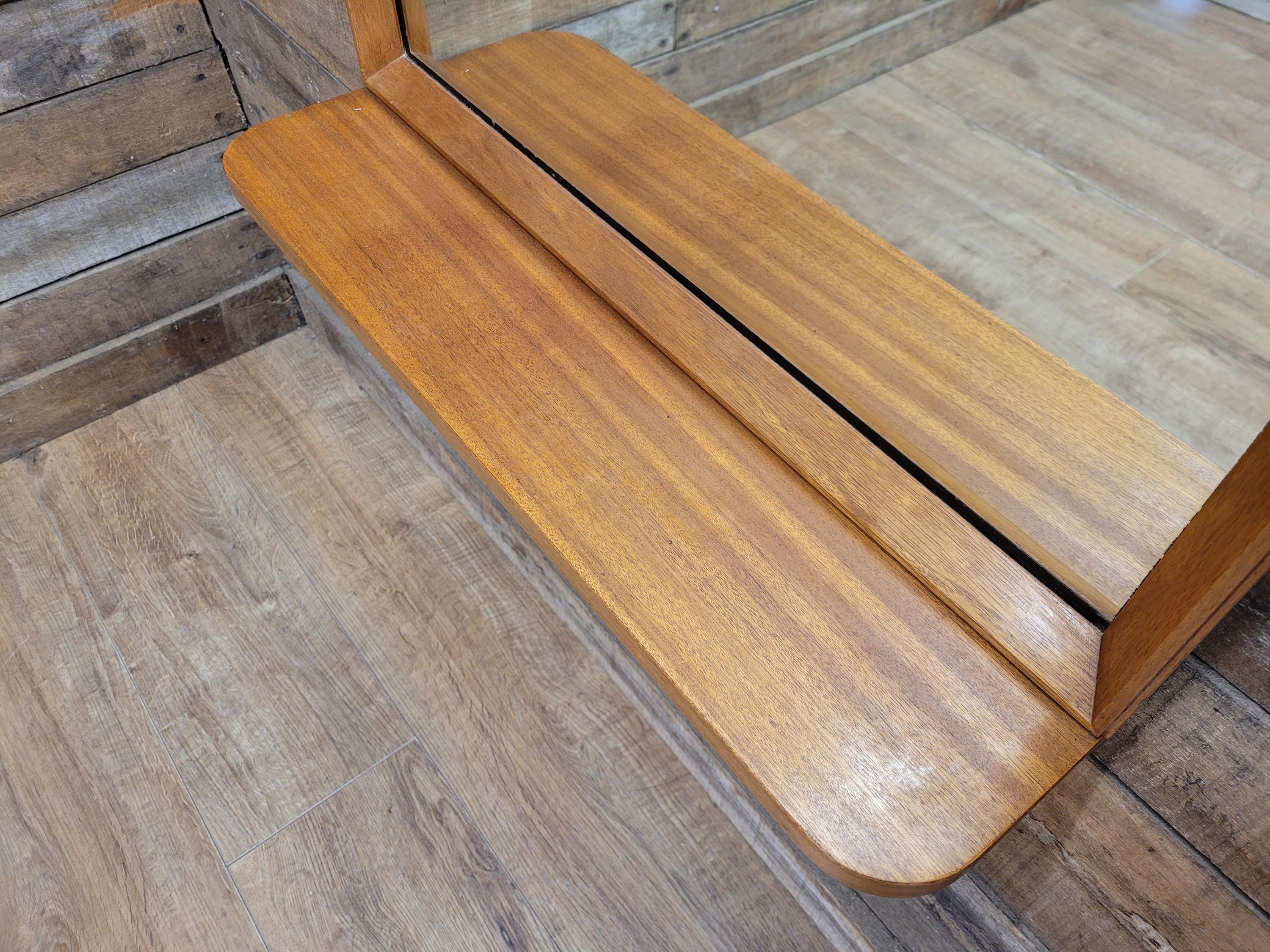 Mid Century Teak Wall Mirror with Shelf 1960s Scandinavian Style
